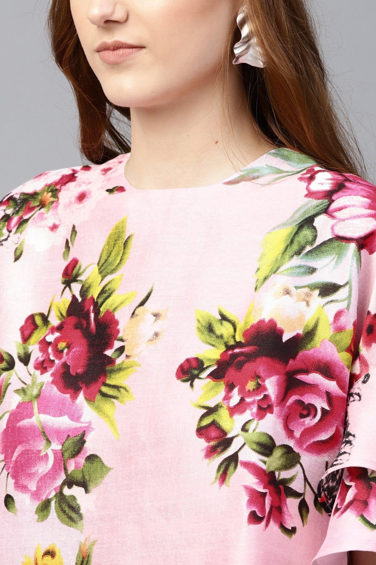 Women's Pink Floral Silk Flared Sleeve Top - SASSAFRAS