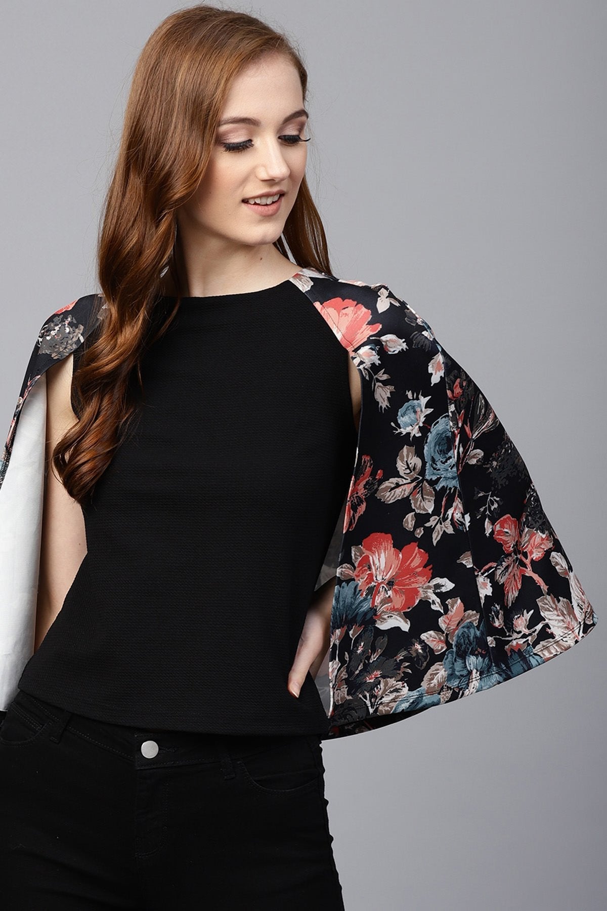 Women's Black Floral Scuba Cape Sleeve Top - SASSAFRAS