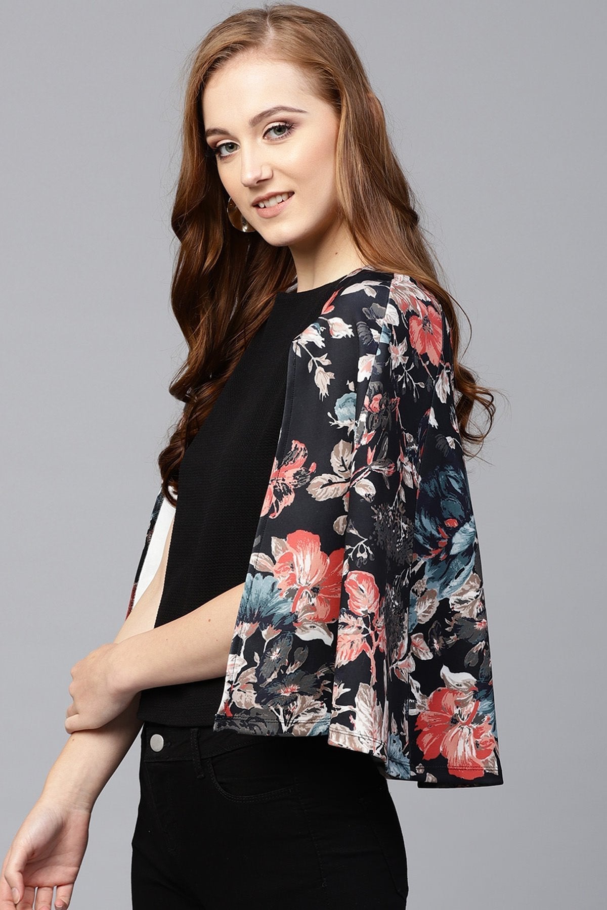 Women's Black Floral Scuba Cape Sleeve Top - SASSAFRAS