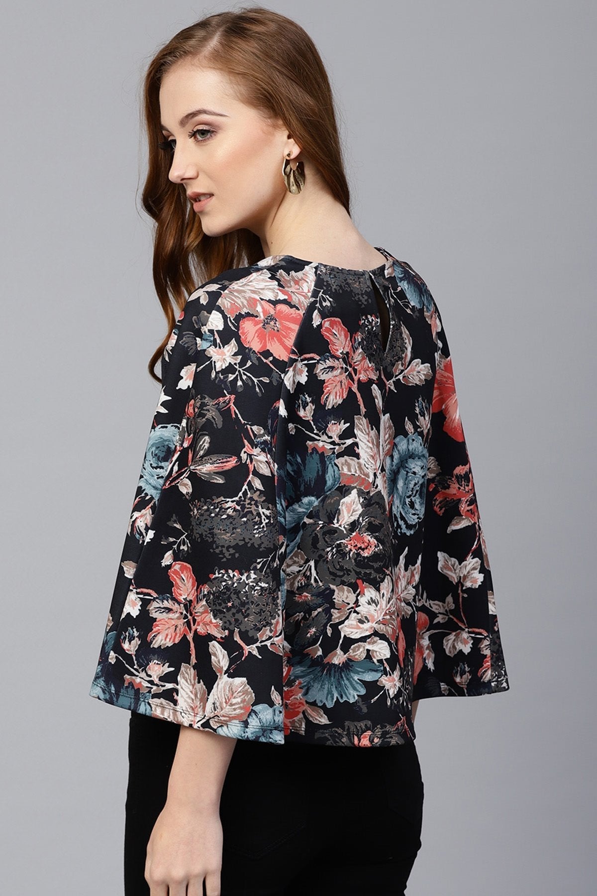 Women's Black Floral Scuba Cape Sleeve Top - SASSAFRAS