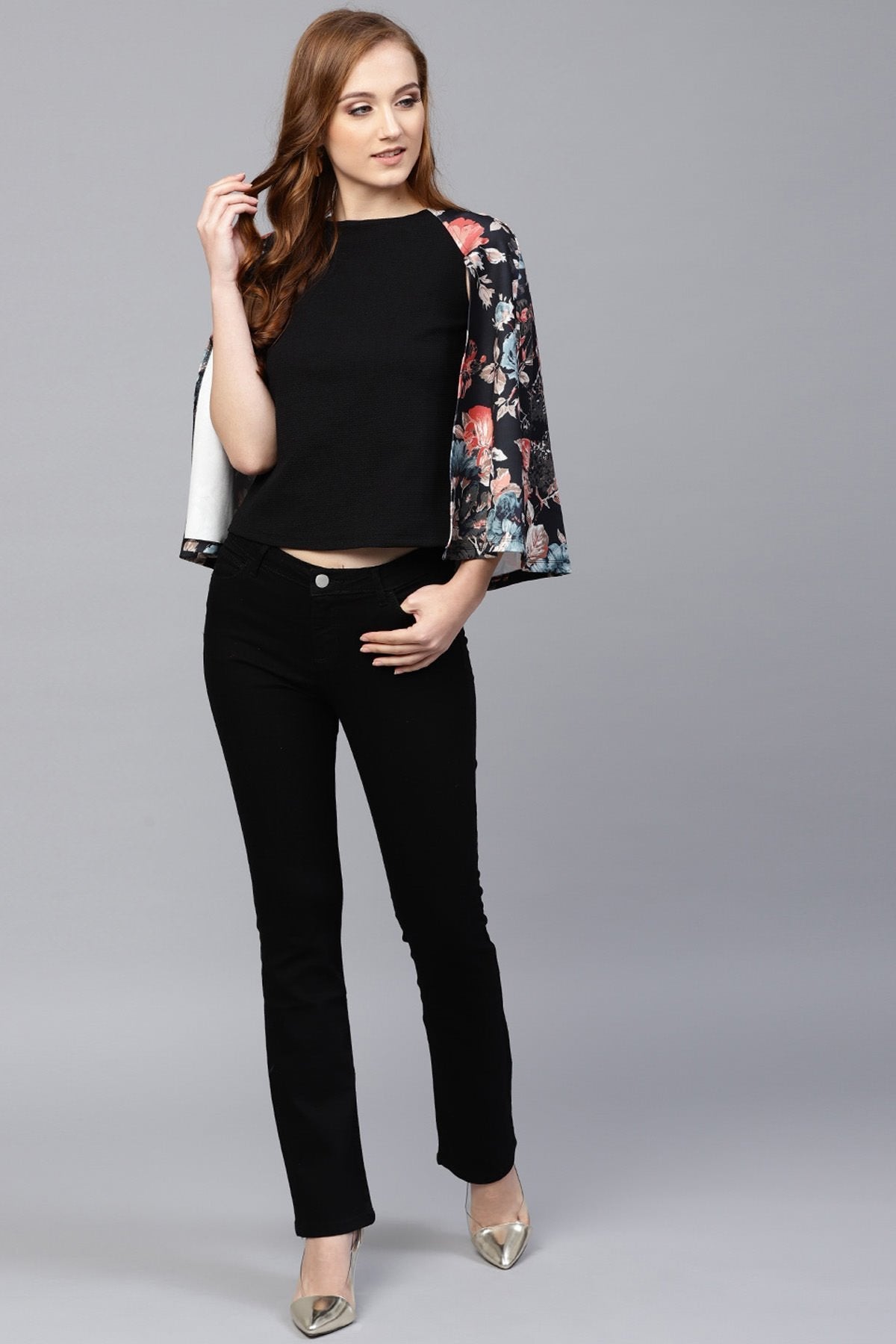 Women's Black Floral Scuba Cape Sleeve Top - SASSAFRAS