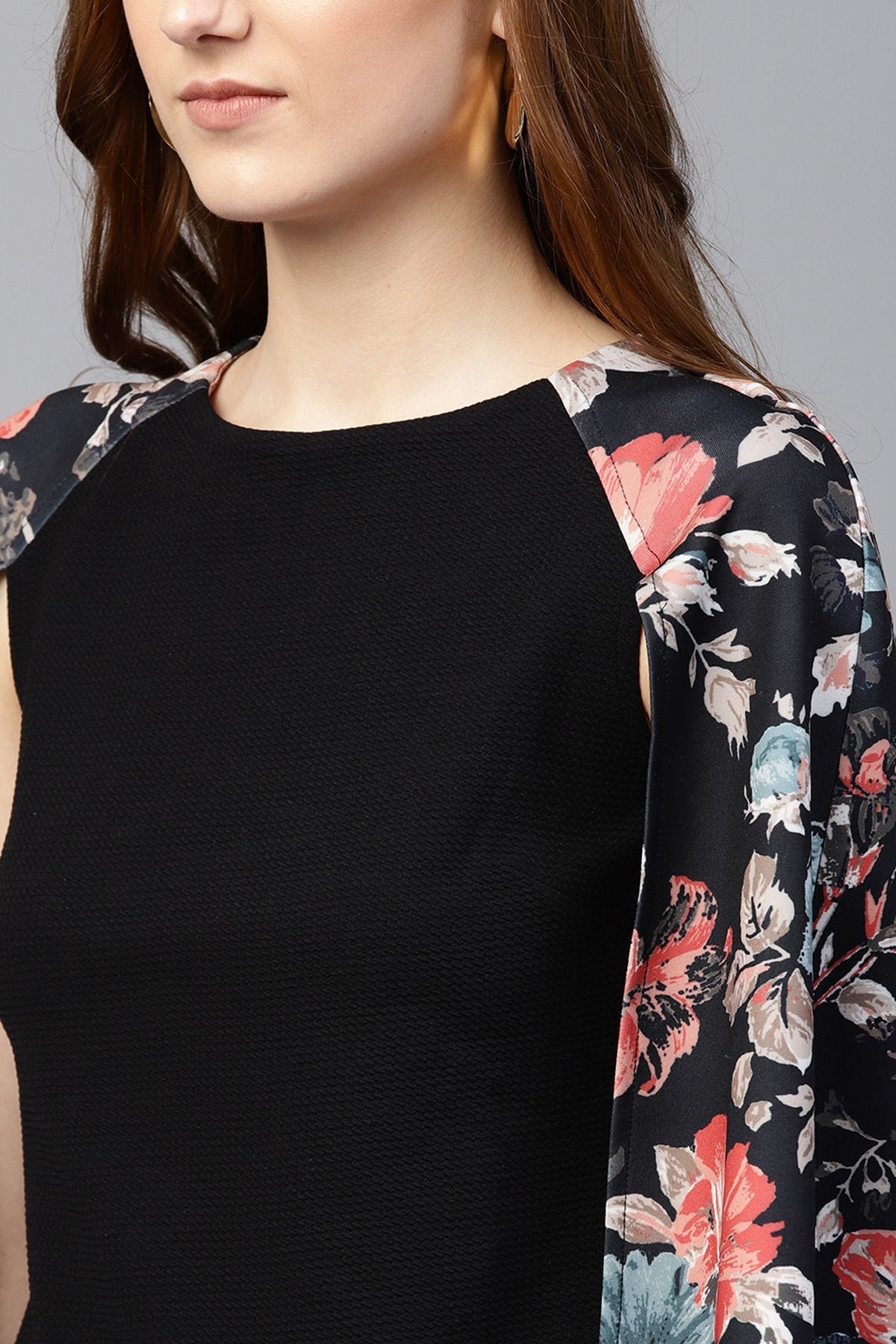 Women's Black Floral Scuba Cape Sleeve Top - SASSAFRAS