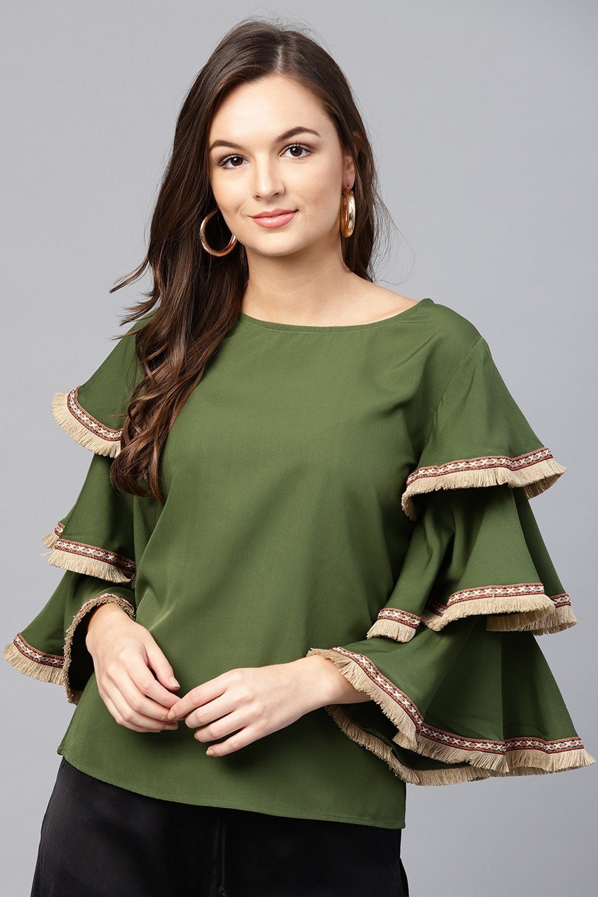 Women's Olive Frill Sleeve Top - SASSAFRAS