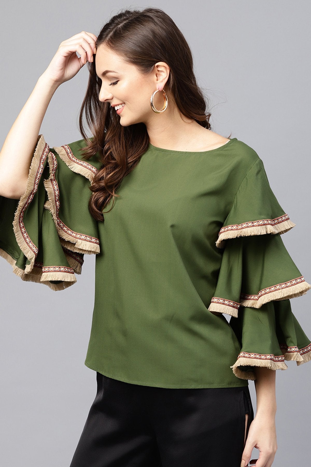 Women's Olive Frill Sleeve Top - SASSAFRAS