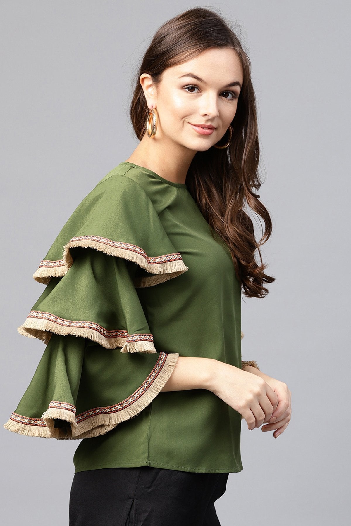 Women's Olive Frill Sleeve Top - SASSAFRAS