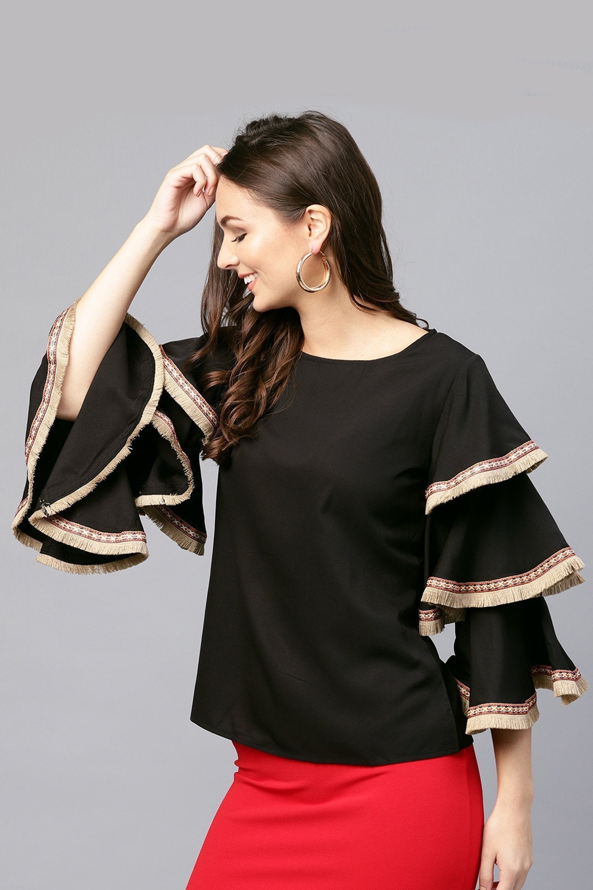 Women's Black Frill Sleeve Top - SASSAFRAS