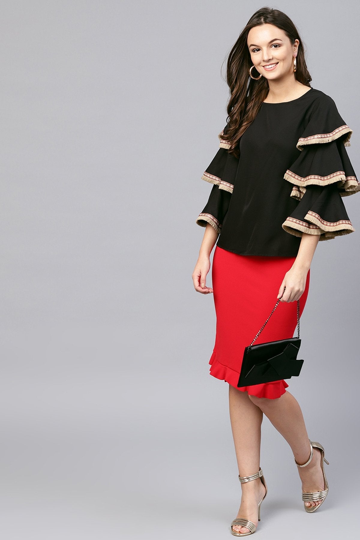 Women's Black Frill Sleeve Top - SASSAFRAS