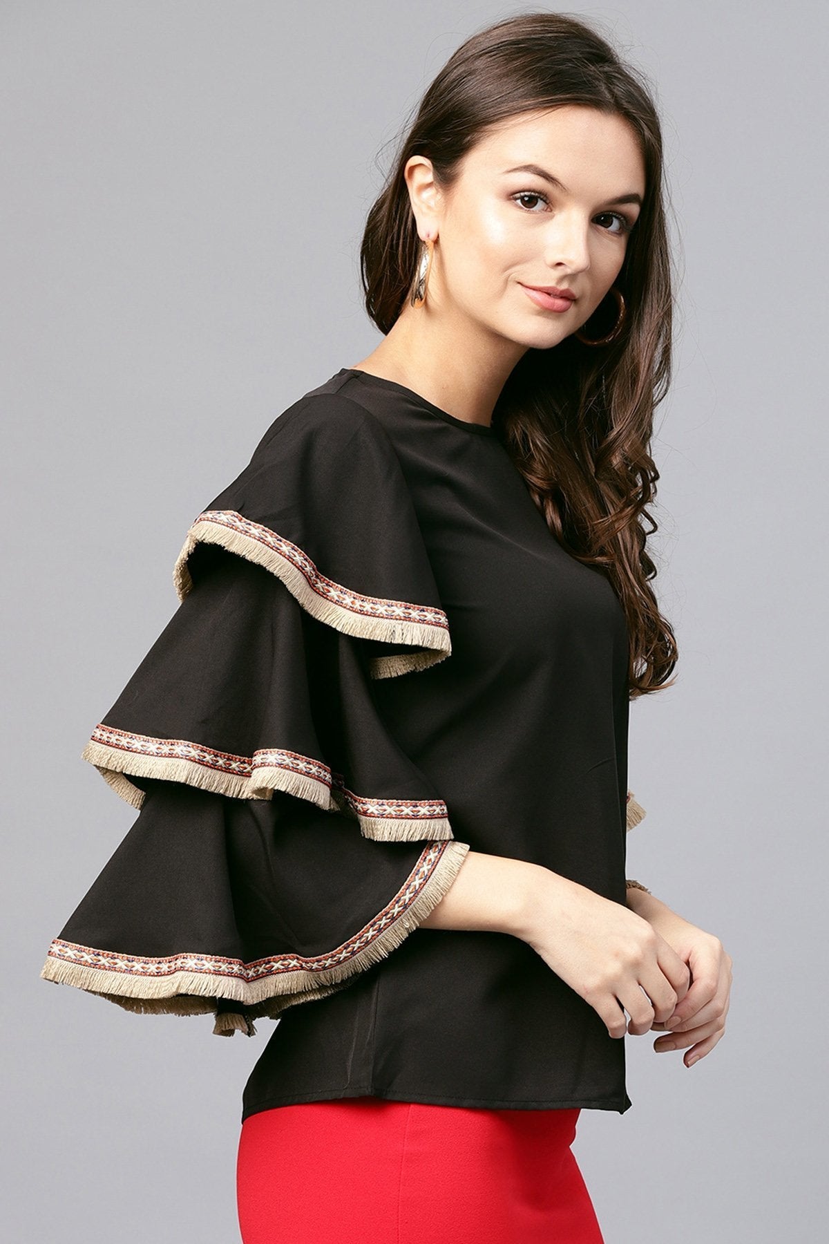 Women's Black Frill Sleeve Top - SASSAFRAS