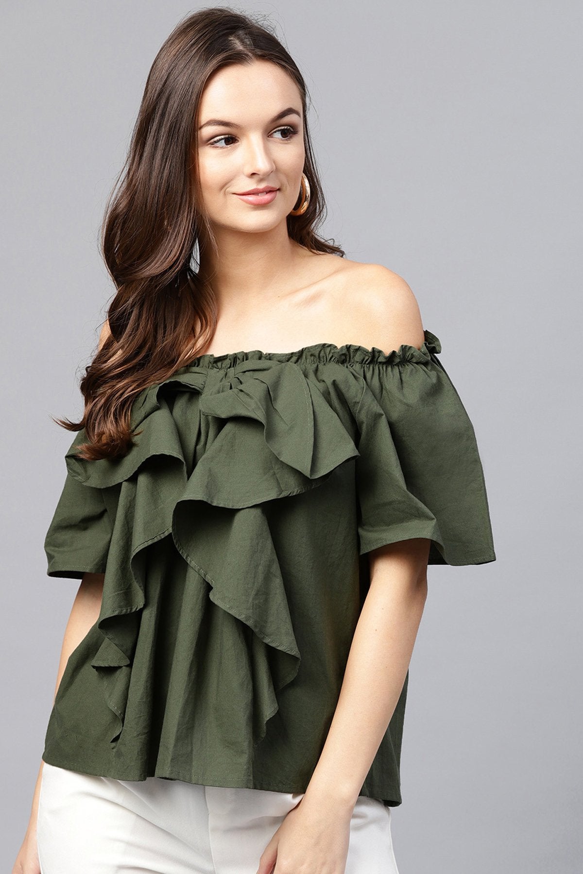 Women's Olive Off Shoulder Top - SASSAFRAS