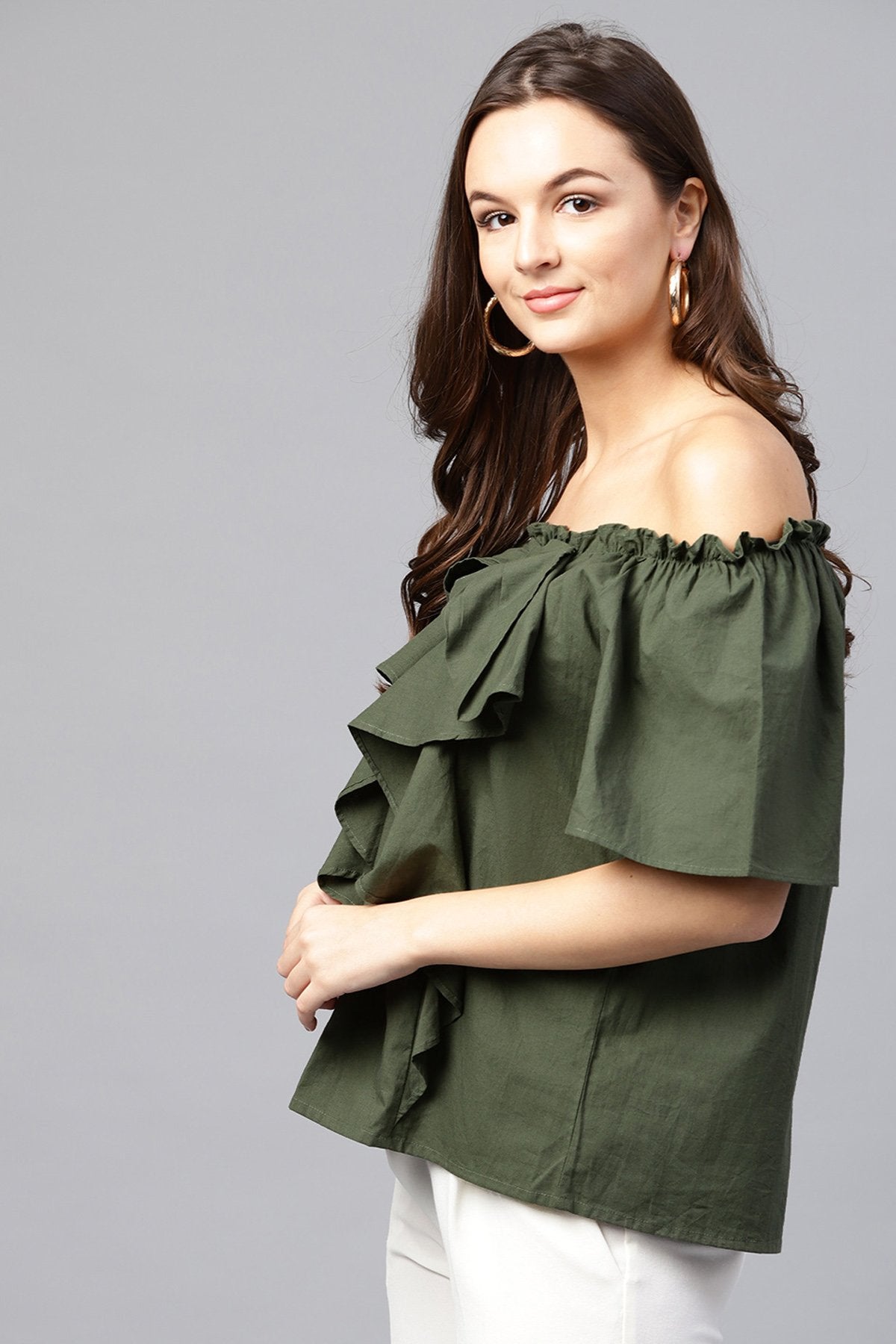 Women's Olive Off Shoulder Top - SASSAFRAS