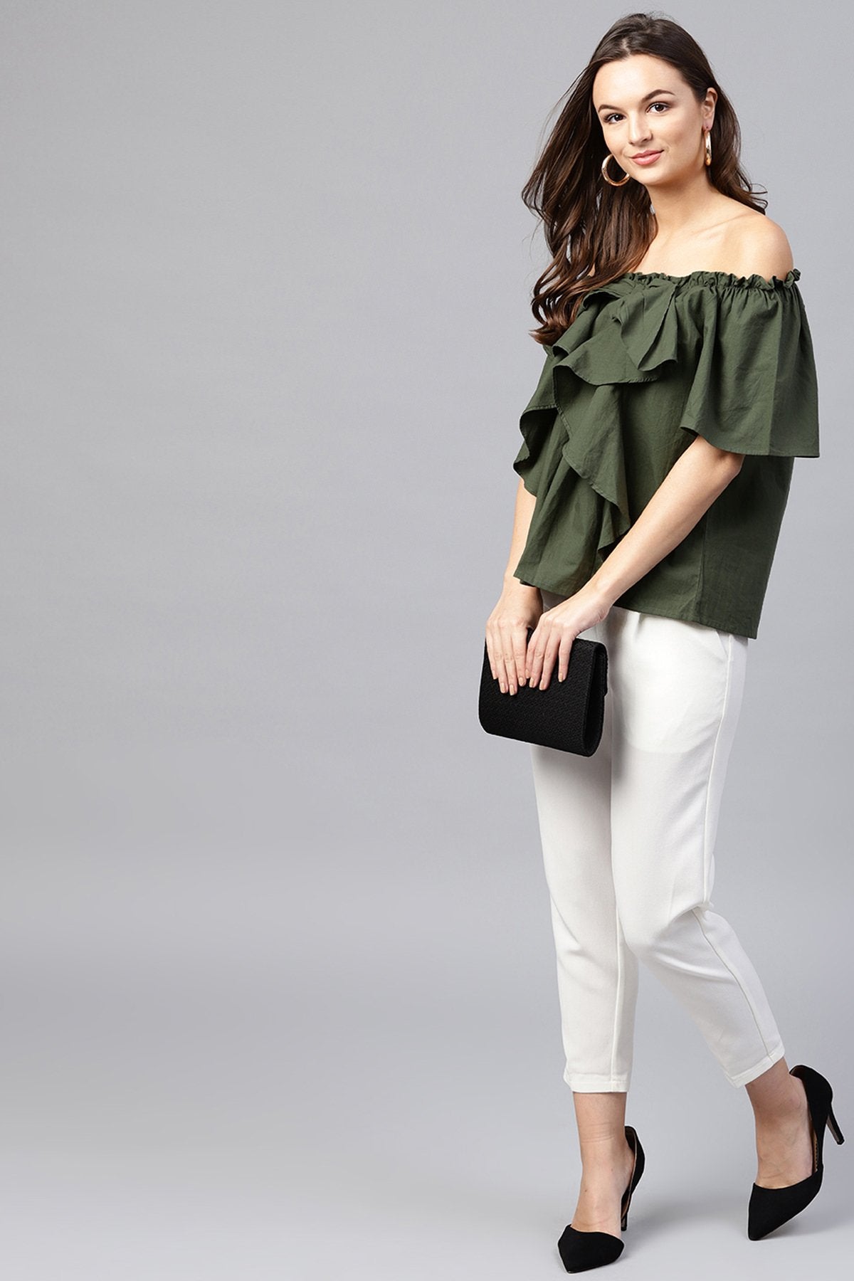 Women's Olive Off Shoulder Top - SASSAFRAS