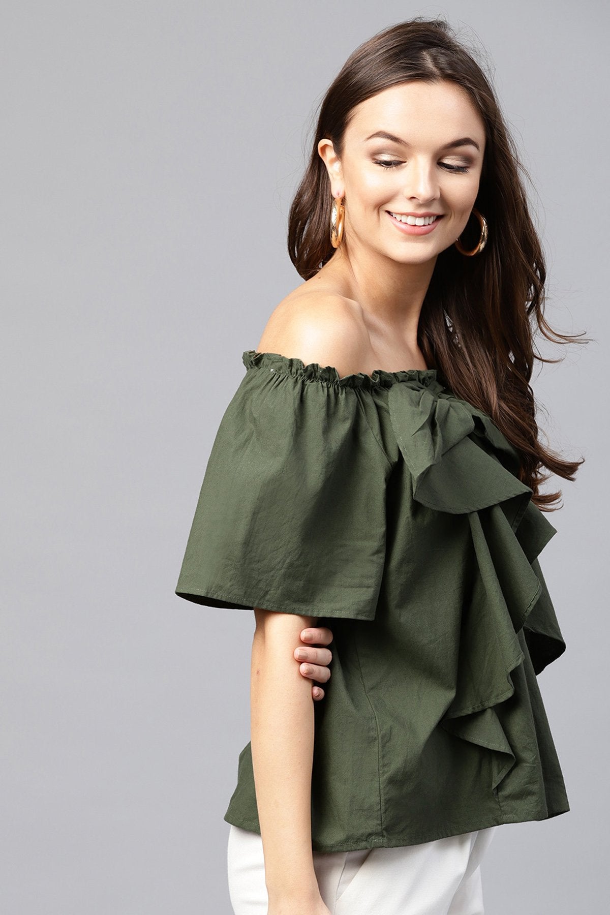 Women's Olive Off Shoulder Top - SASSAFRAS