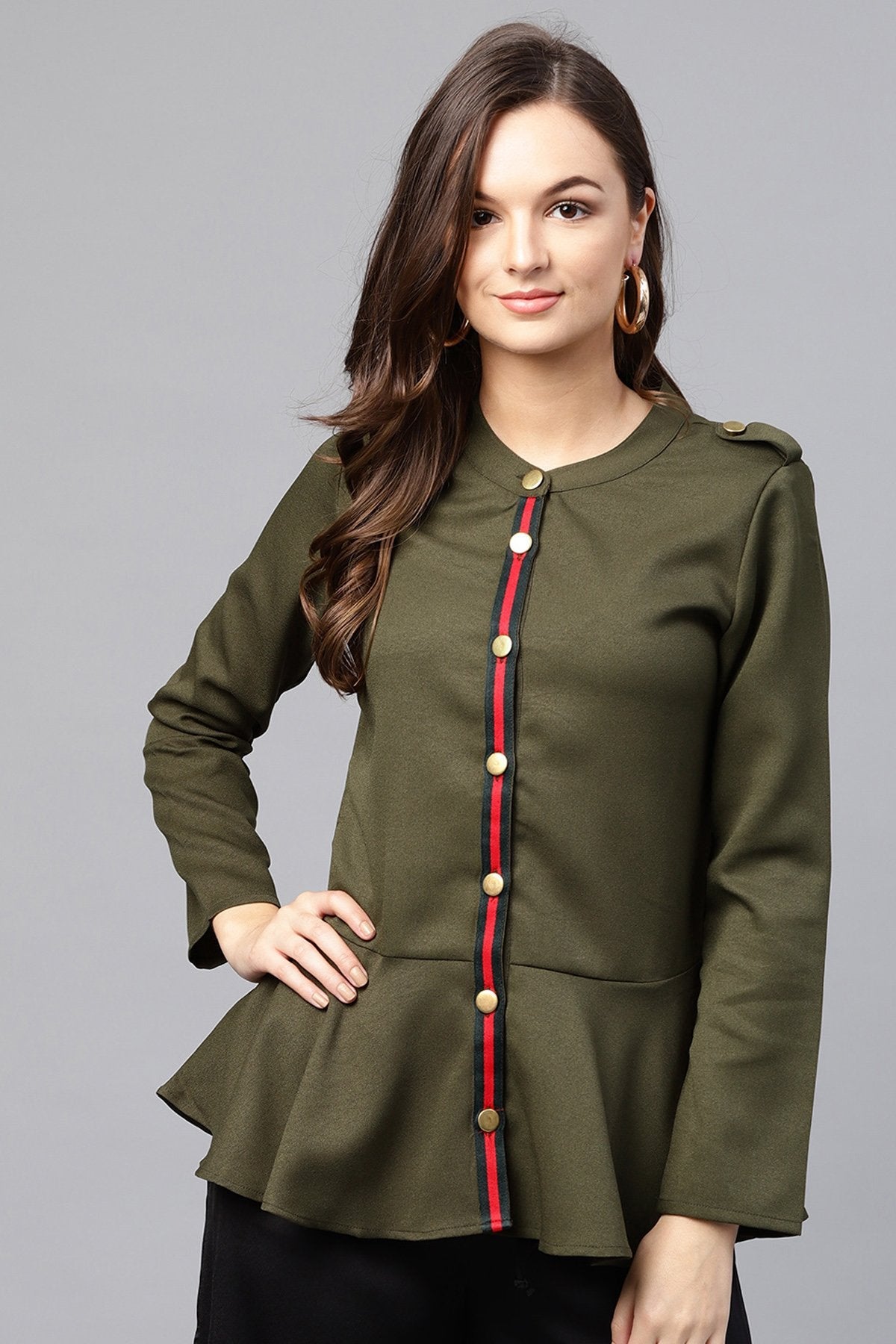 Women's Olive Peplum Shirt Style Top - SASSAFRAS