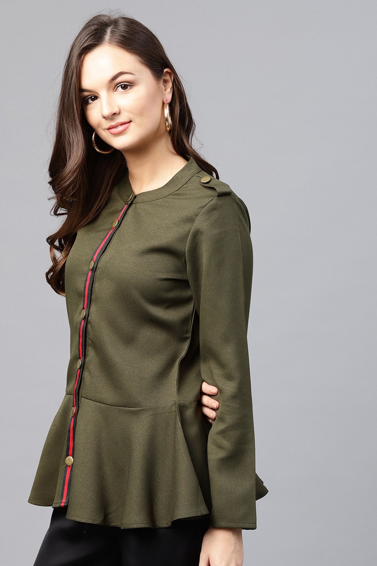 Women's Olive Peplum Shirt Style Top - SASSAFRAS