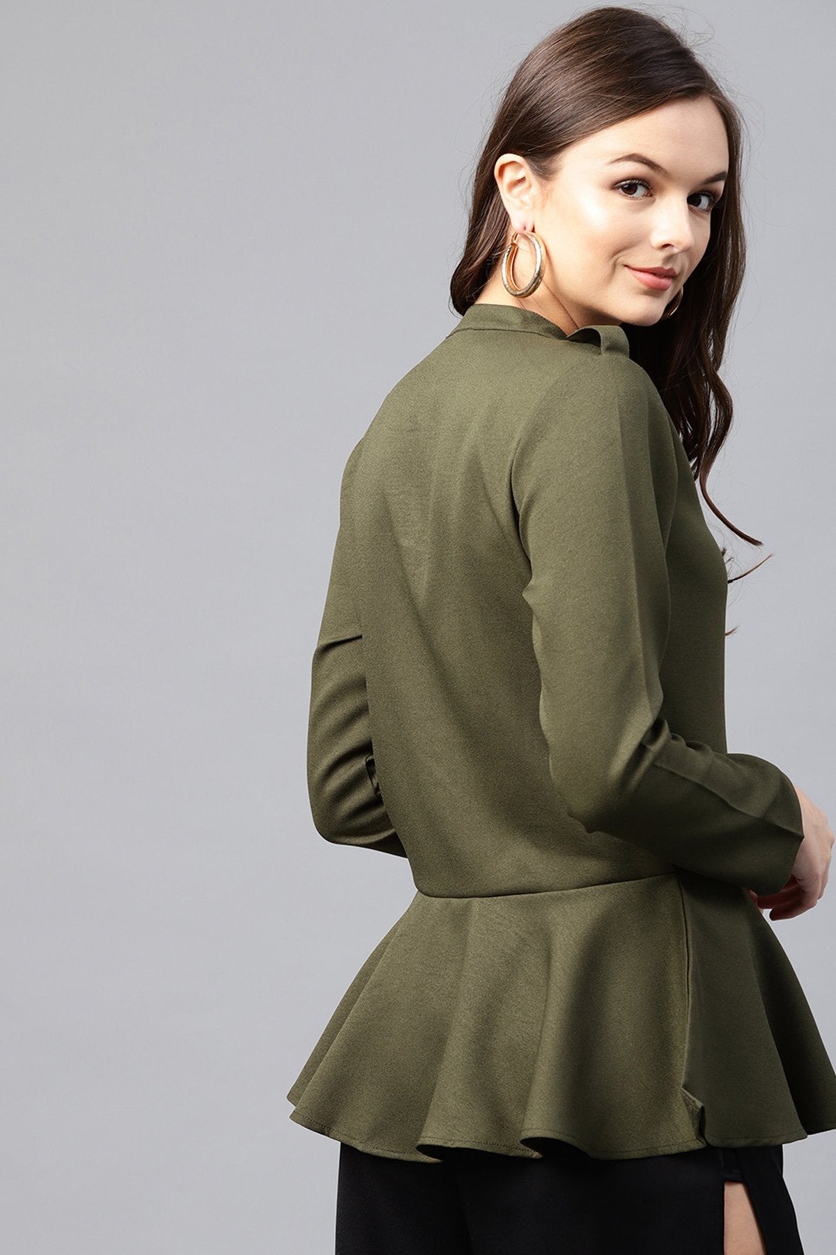 Women's Olive Peplum Shirt Style Top - SASSAFRAS