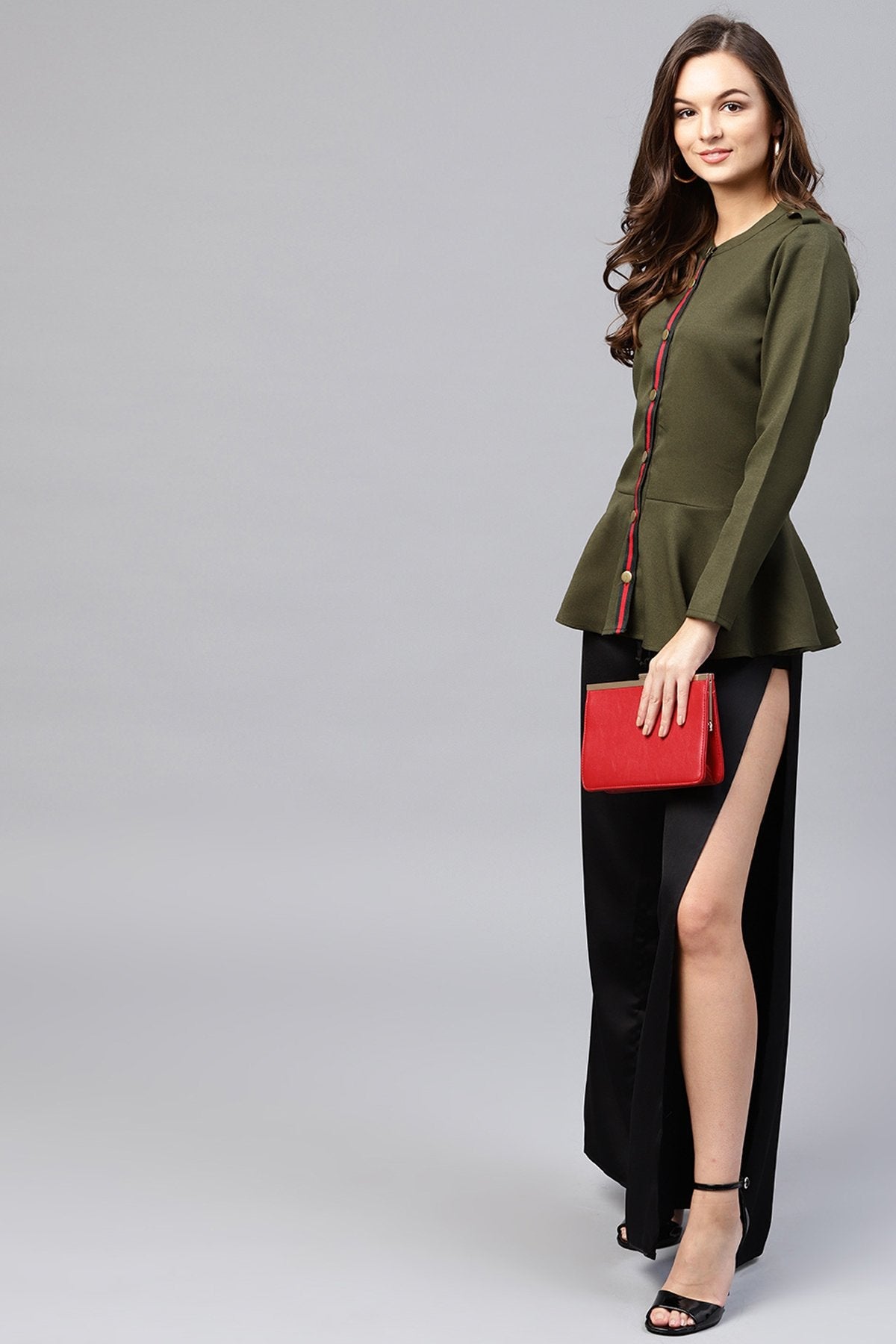 Women's Olive Peplum Shirt Style Top - SASSAFRAS