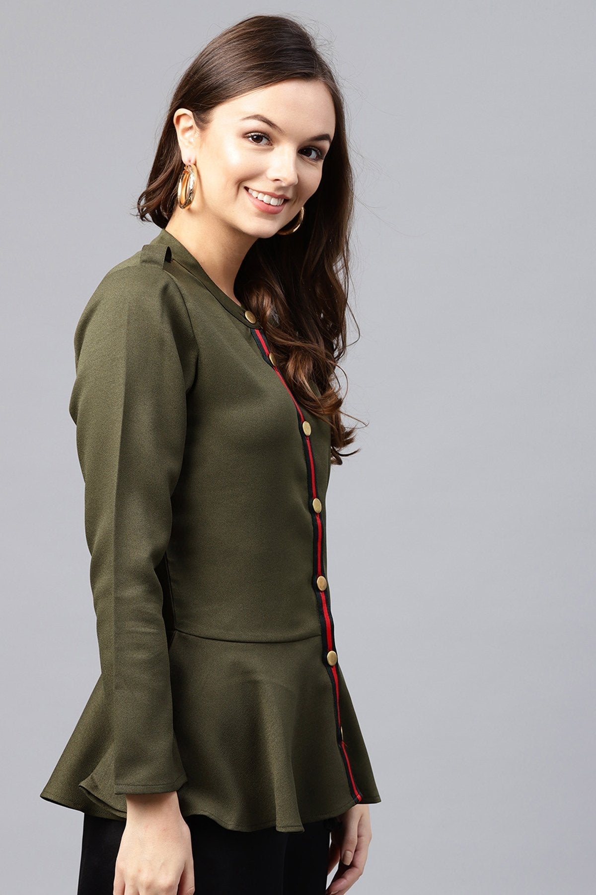 Women's Olive Peplum Shirt Style Top - SASSAFRAS