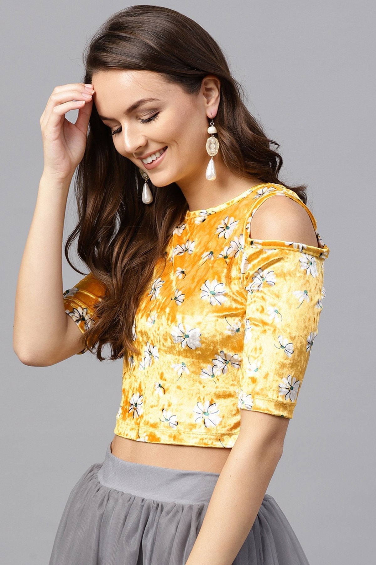 Women's Yellow Velvet Floral Cold Shoulder Crop Top - SASSAFRAS