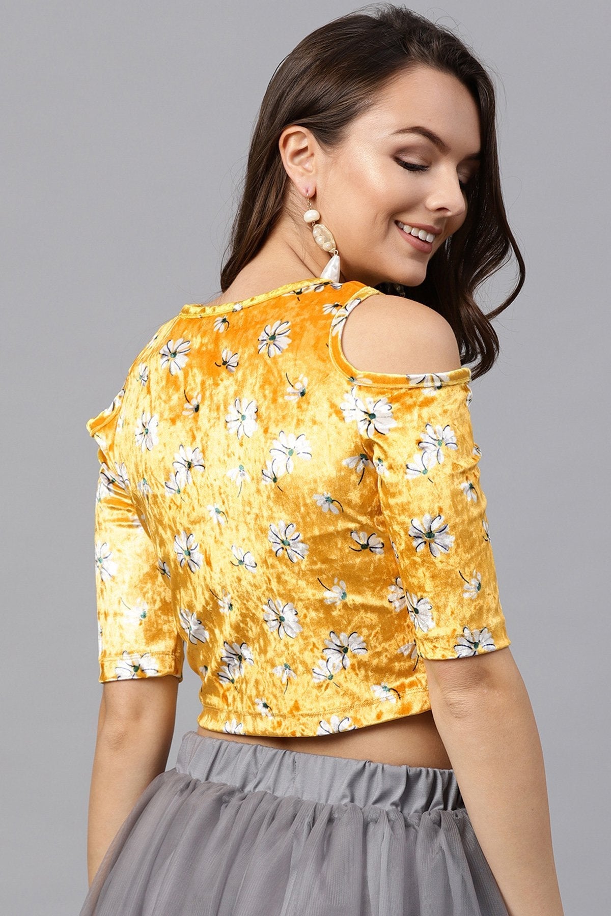 Women's Yellow Velvet Floral Cold Shoulder Crop Top - SASSAFRAS