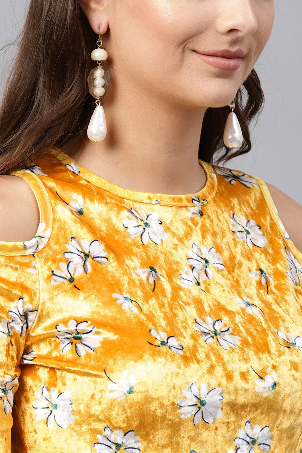 Women's Yellow Velvet Floral Cold Shoulder Crop Top - SASSAFRAS