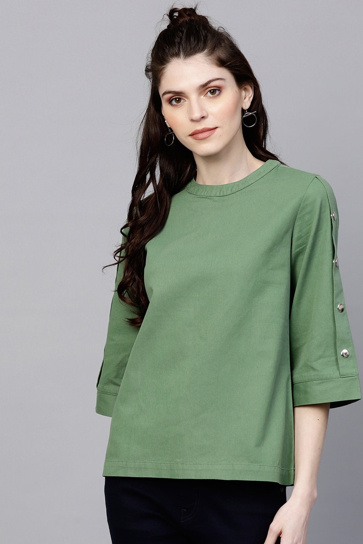 Women's Olive Denim Boxy Button-Up Top - SASSAFRAS