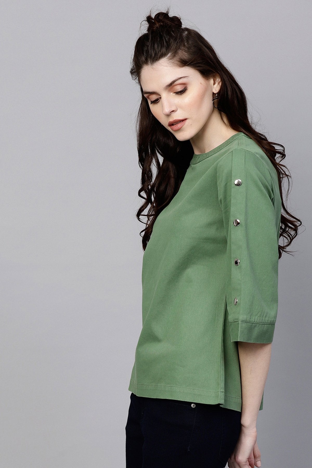 Women's Olive Denim Boxy Button-Up Top - SASSAFRAS