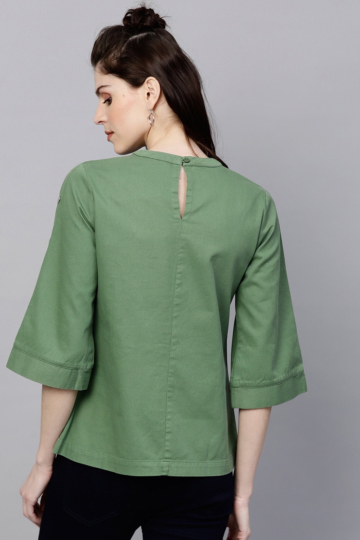 Women's Olive Denim Boxy Button-Up Top - SASSAFRAS