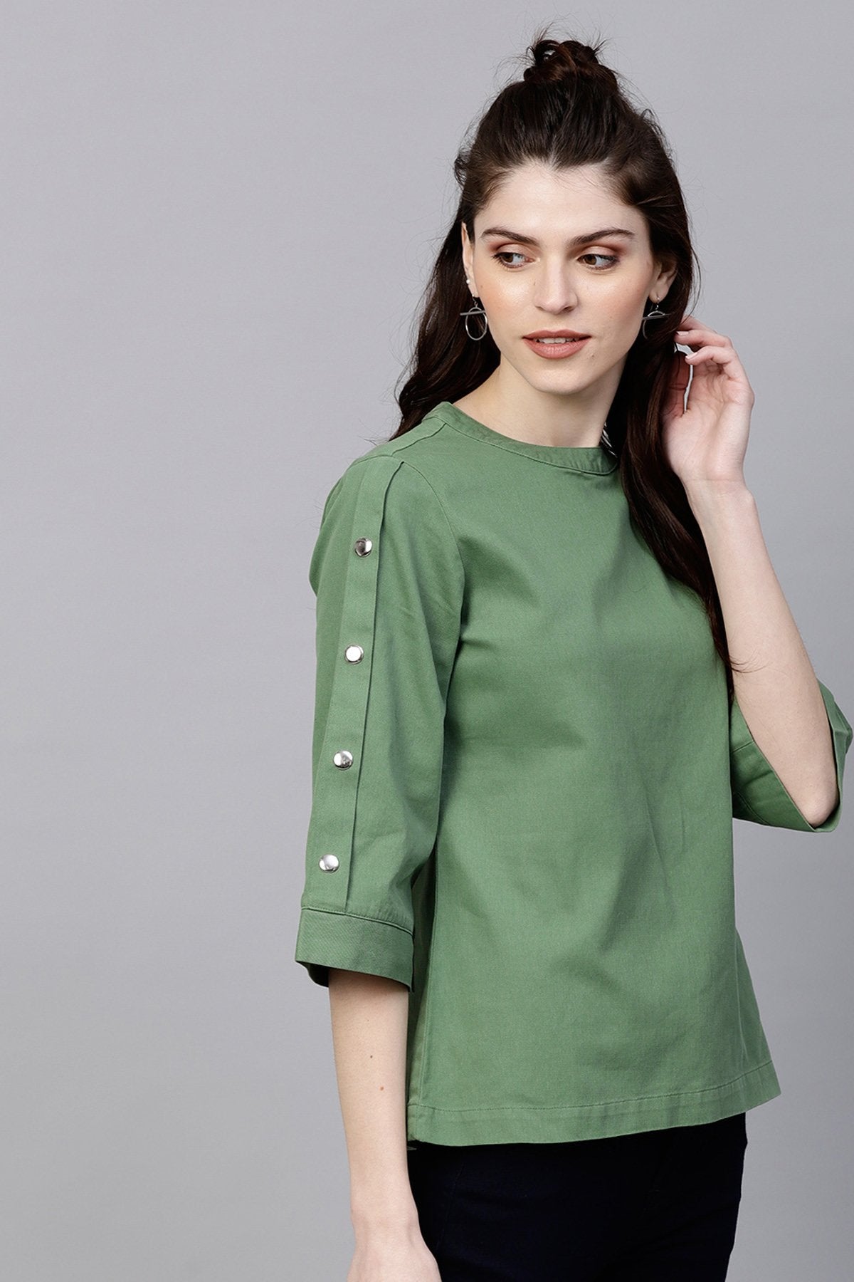 Women's Olive Denim Boxy Button-Up Top - SASSAFRAS