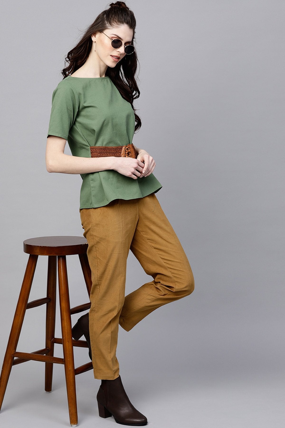 Women's Olive Denim Belted Top - SASSAFRAS