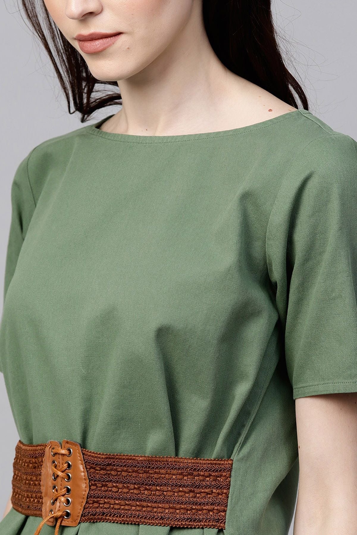 Women's Olive Denim Belted Top - SASSAFRAS