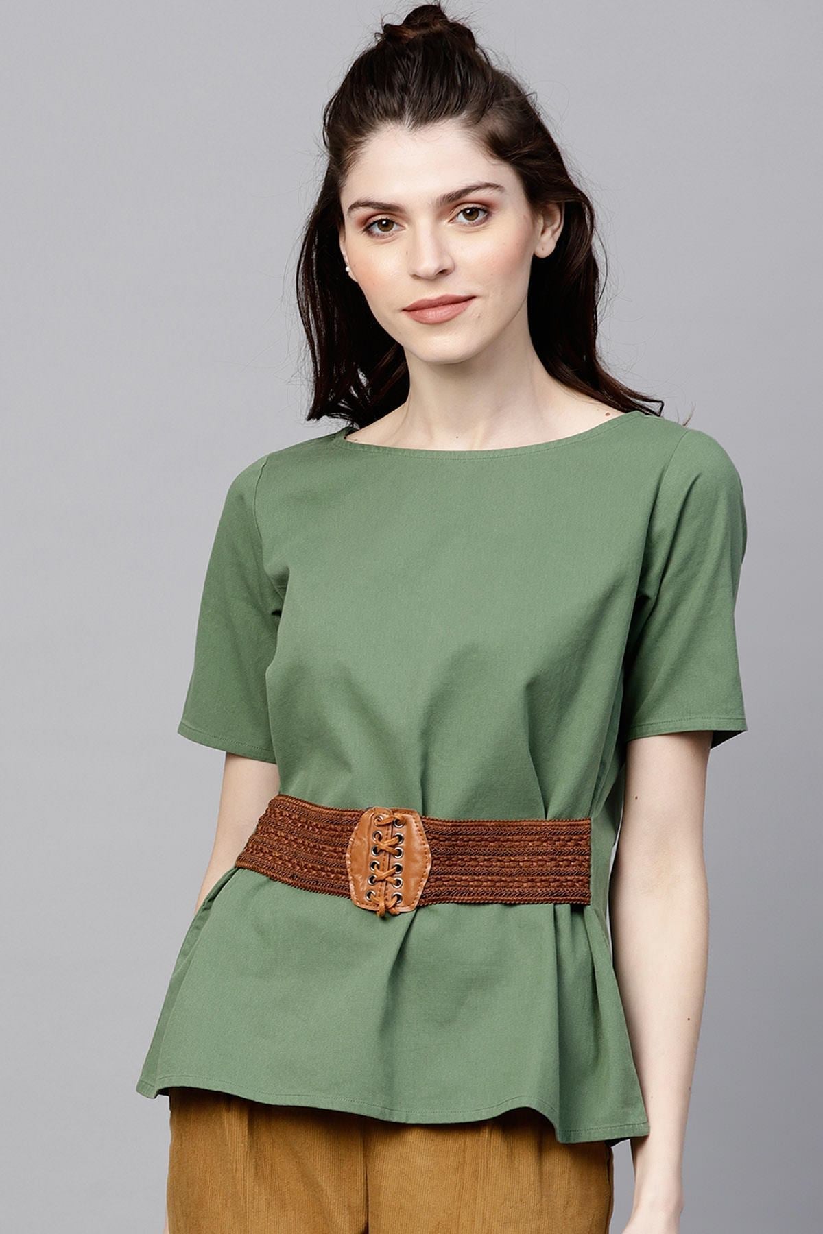 Women's Olive Denim Belted Top - SASSAFRAS