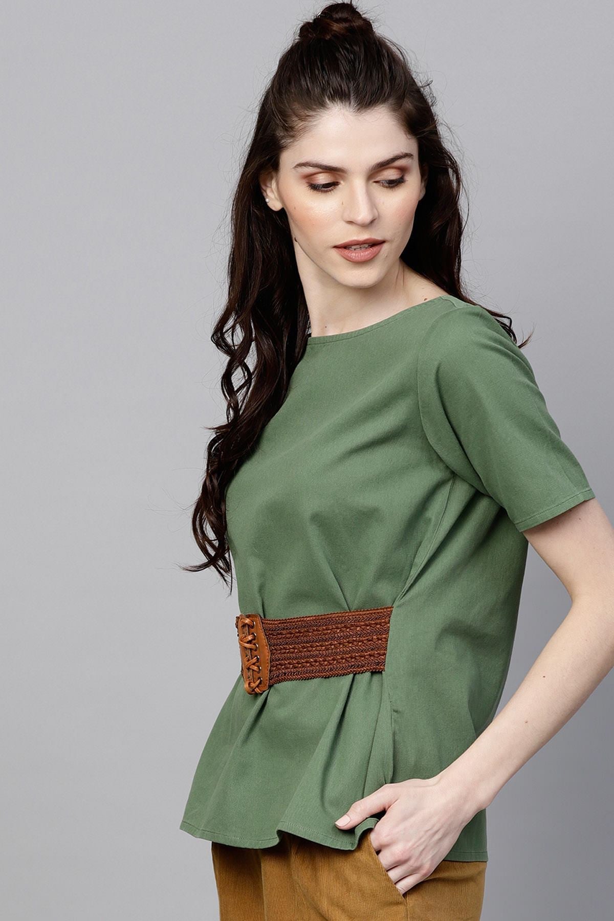 Women's Olive Denim Belted Top - SASSAFRAS