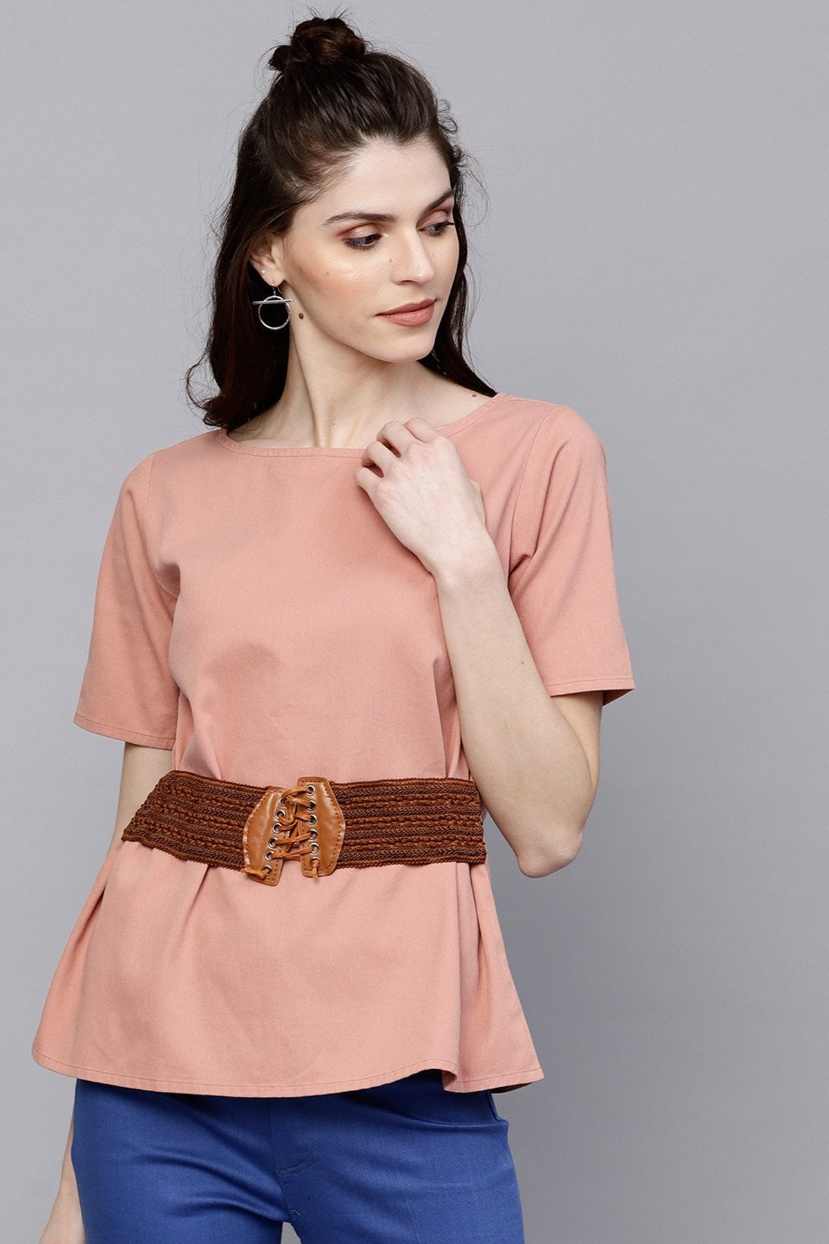 Women's Pink Denim Belted Top - SASSAFRAS