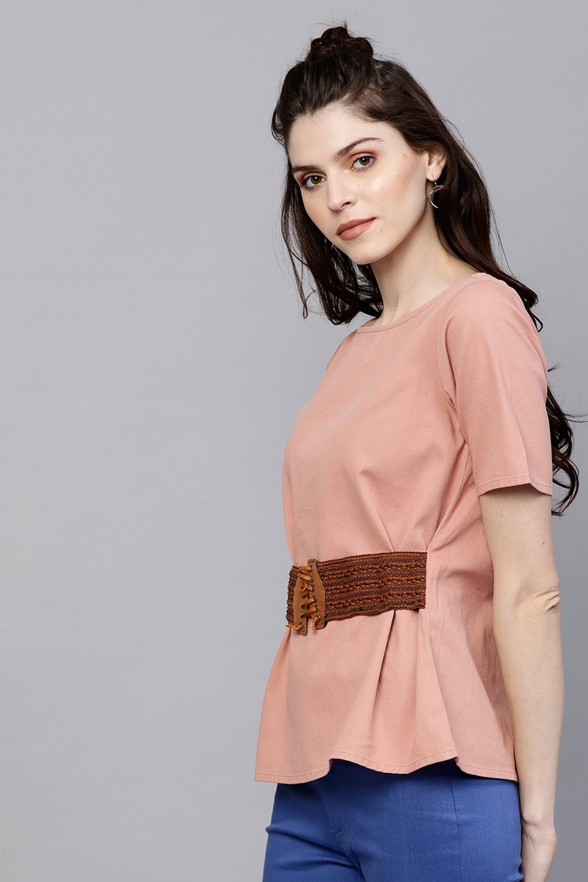 Women's Pink Denim Belted Top - SASSAFRAS