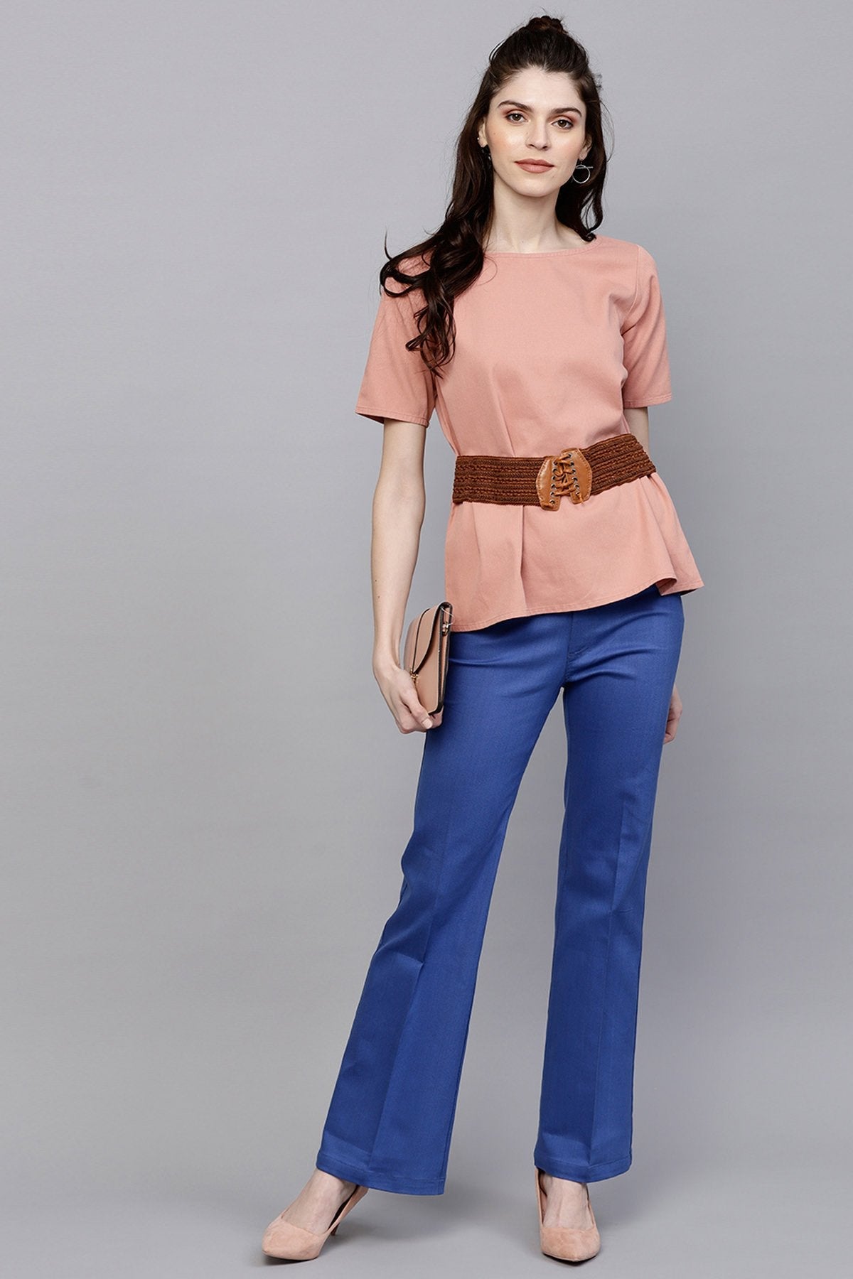 Women's Pink Denim Belted Top - SASSAFRAS