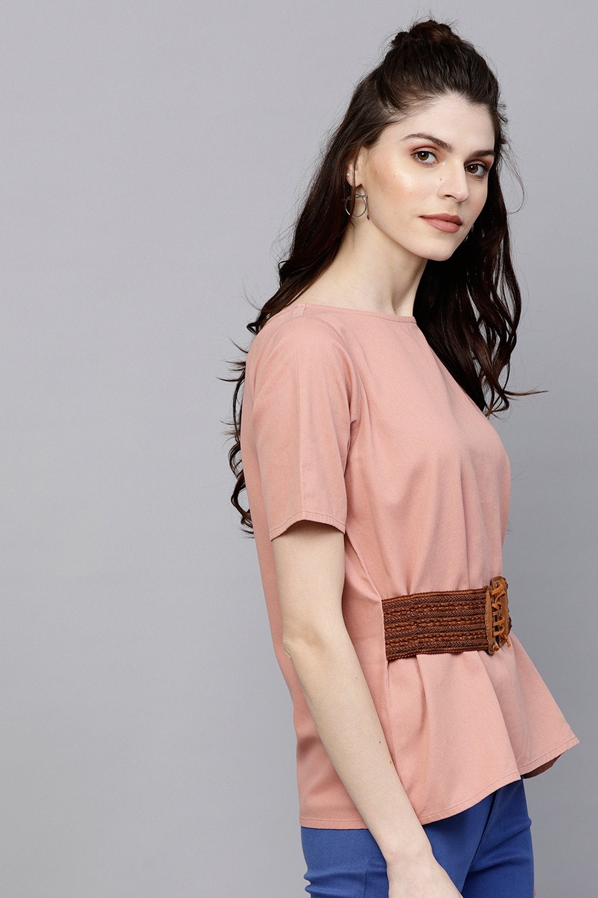 Women's Pink Denim Belted Top - SASSAFRAS