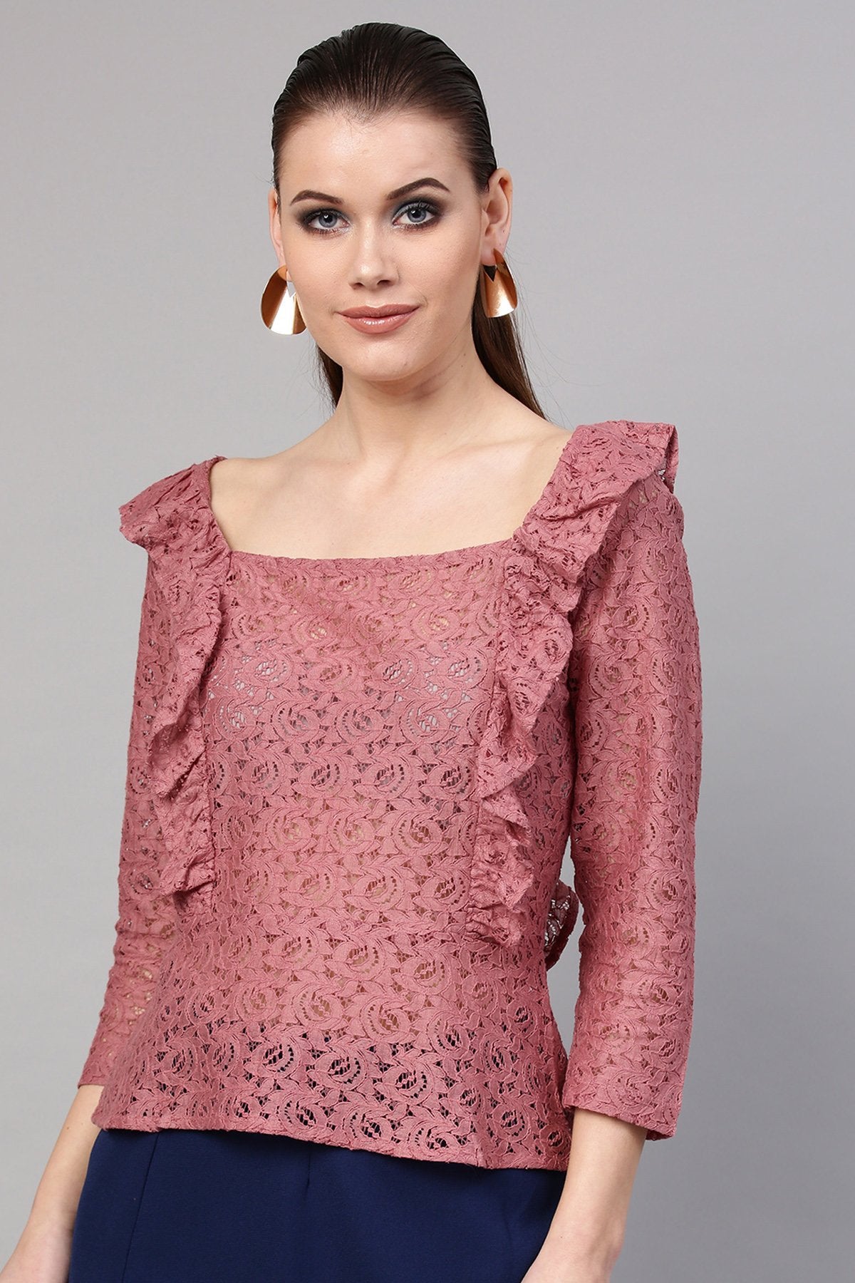 Women's Onion Pink Lace Peplum Top - SASSAFRAS