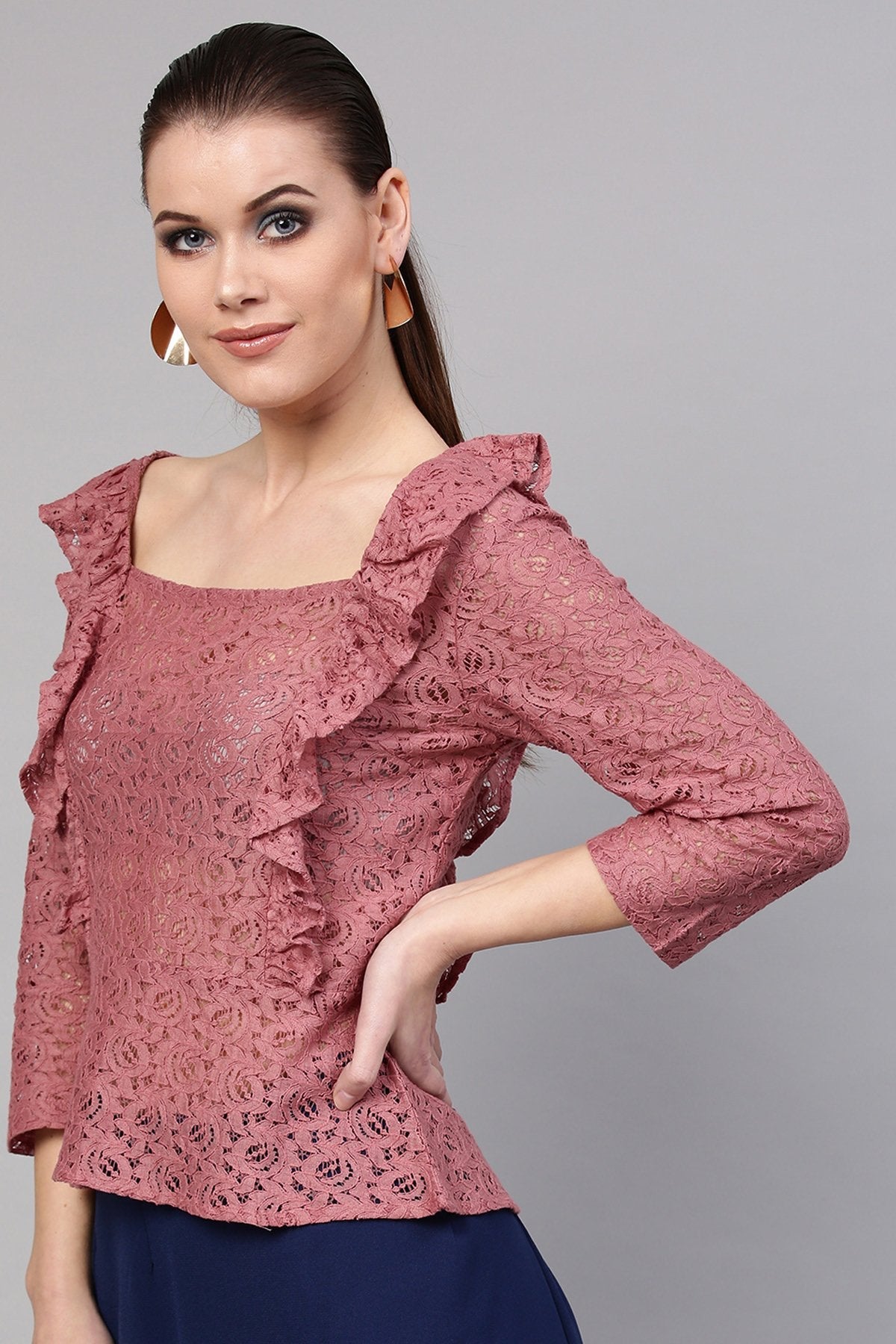 Women's Onion Pink Lace Peplum Top - SASSAFRAS