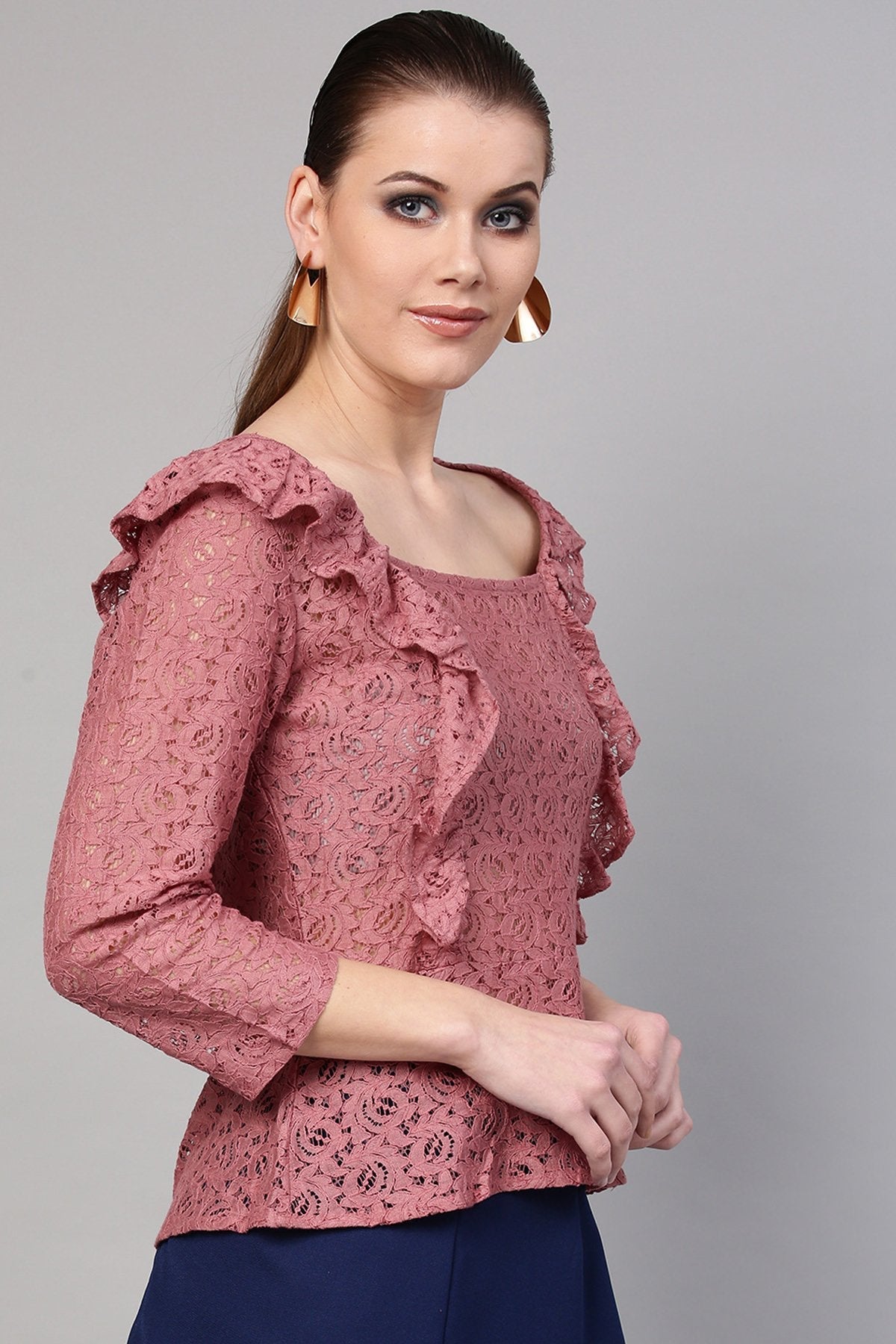 Women's Onion Pink Lace Peplum Top - SASSAFRAS