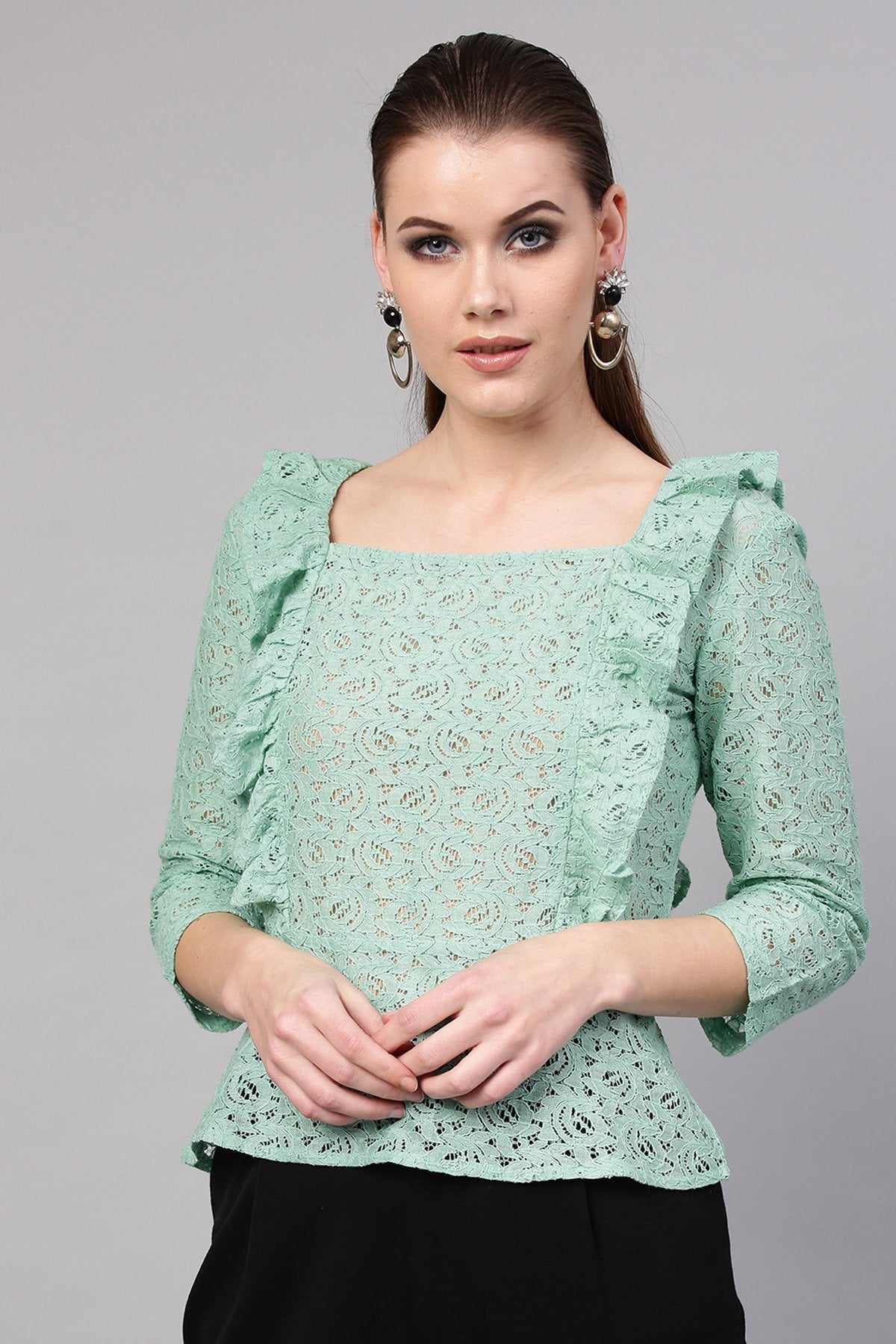 Women's Mint Blue Lace Peplum Top - SASSAFRAS