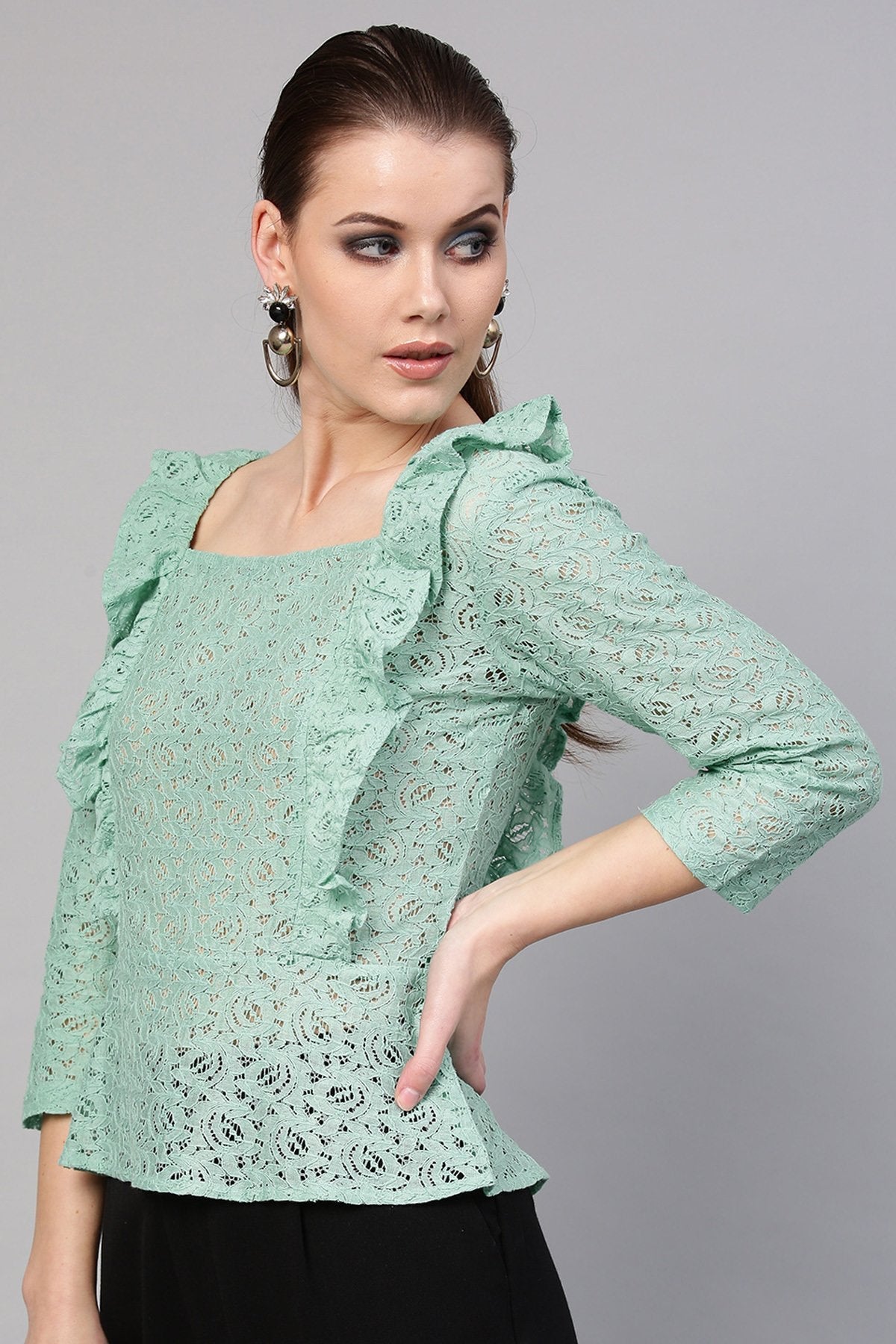 Women's Mint Blue Lace Peplum Top - SASSAFRAS