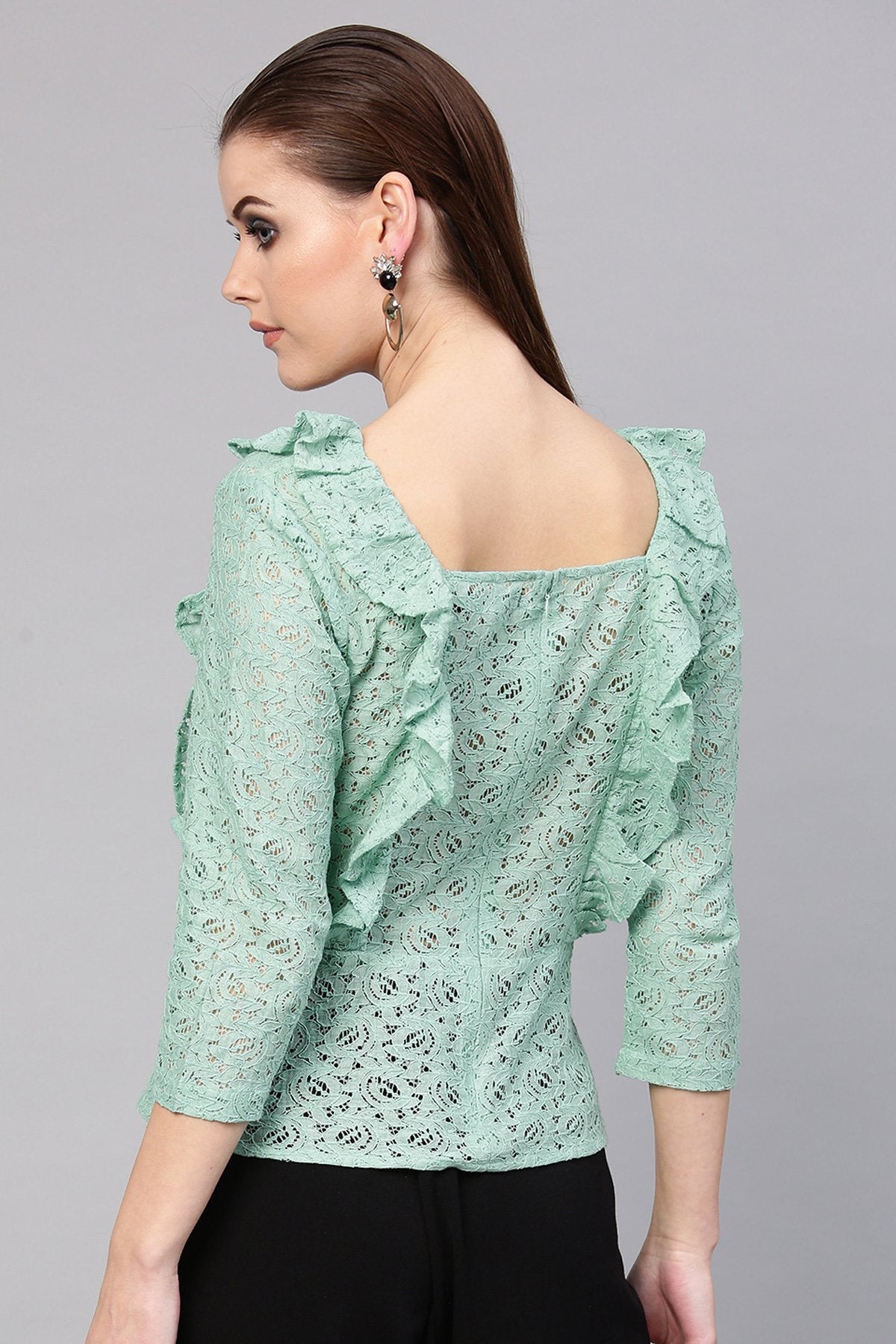 Women's Mint Blue Lace Peplum Top - SASSAFRAS