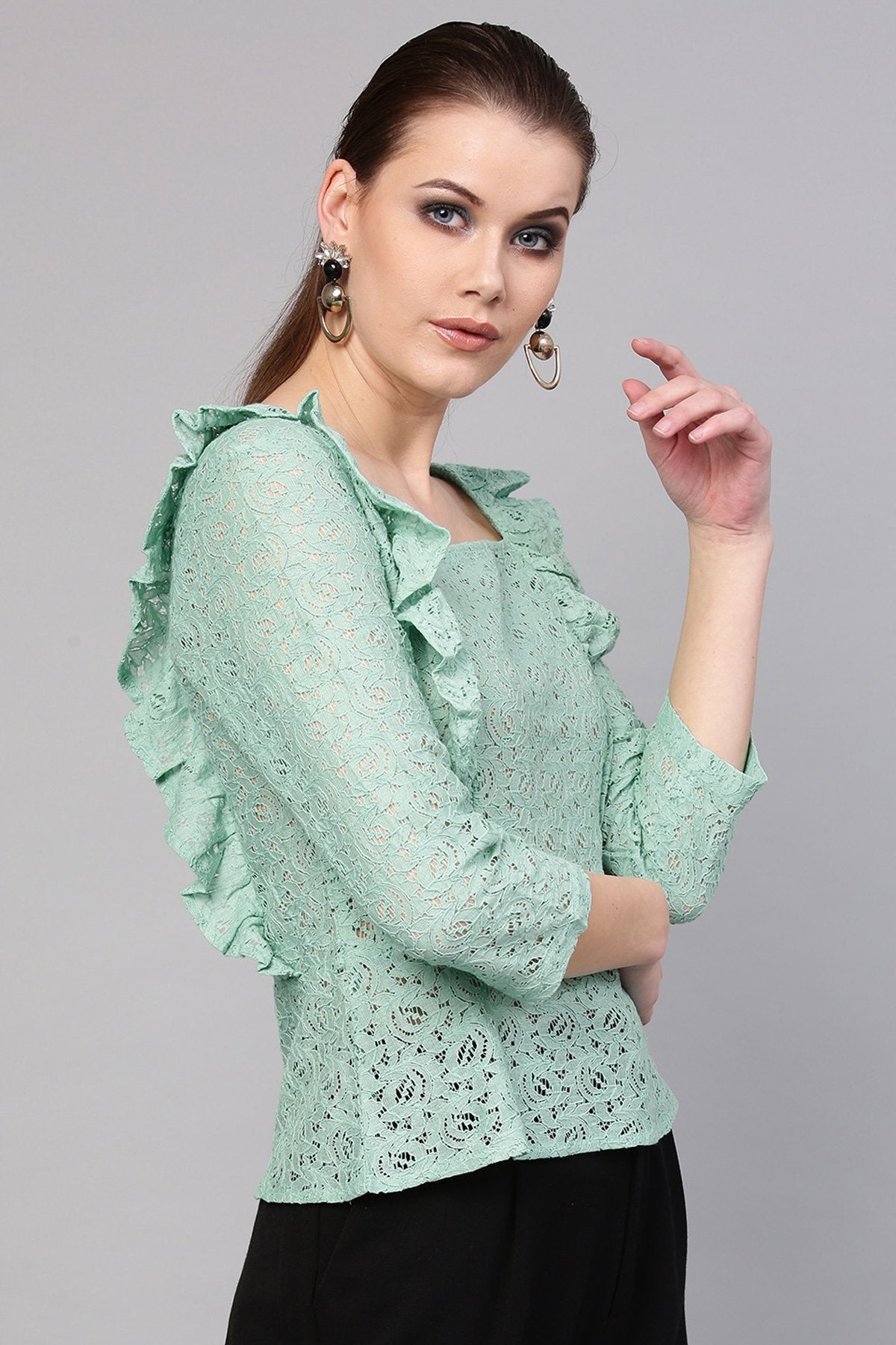 Women's Mint Blue Lace Peplum Top - SASSAFRAS