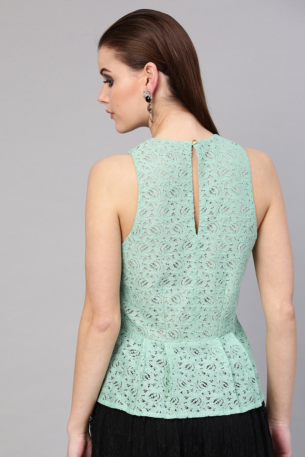 Women's Mint Blue Lace Sleeveless Peplum Top - SASSAFRAS