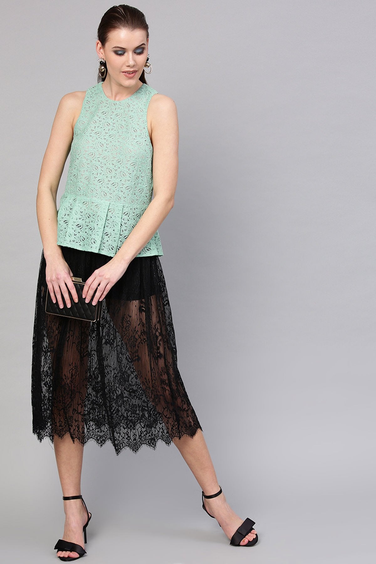 Women's Mint Blue Lace Sleeveless Peplum Top - SASSAFRAS