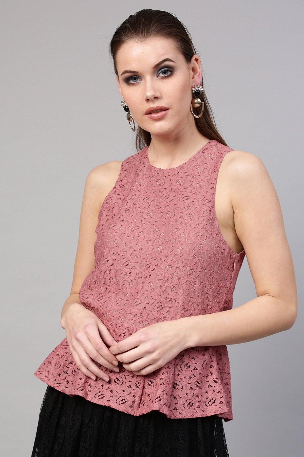 Women's Onion Pink Lace Sleeveless Peplum Top - SASSAFRAS