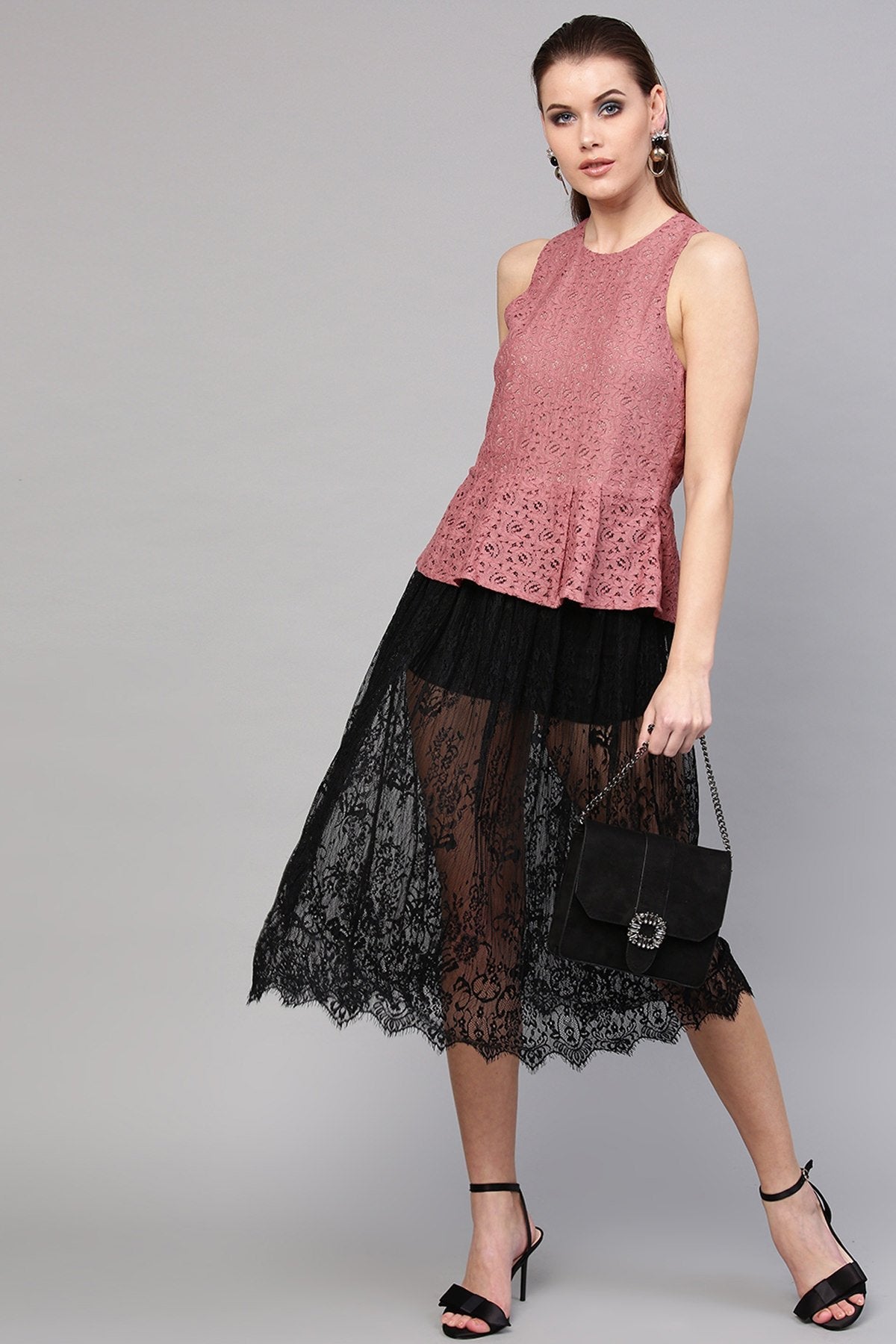 Women's Onion Pink Lace Sleeveless Peplum Top - SASSAFRAS