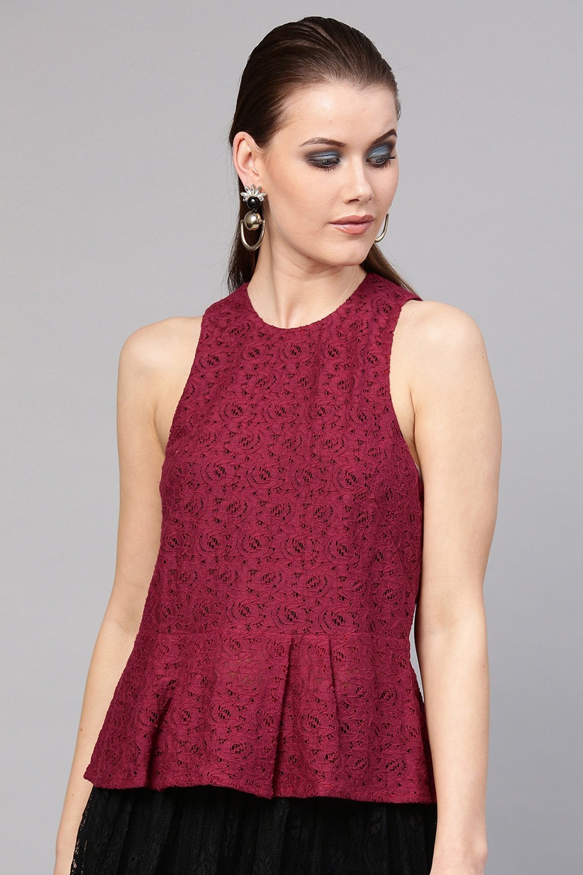 Women's Wine Lace Sleeveless Peplum Top - SASSAFRAS