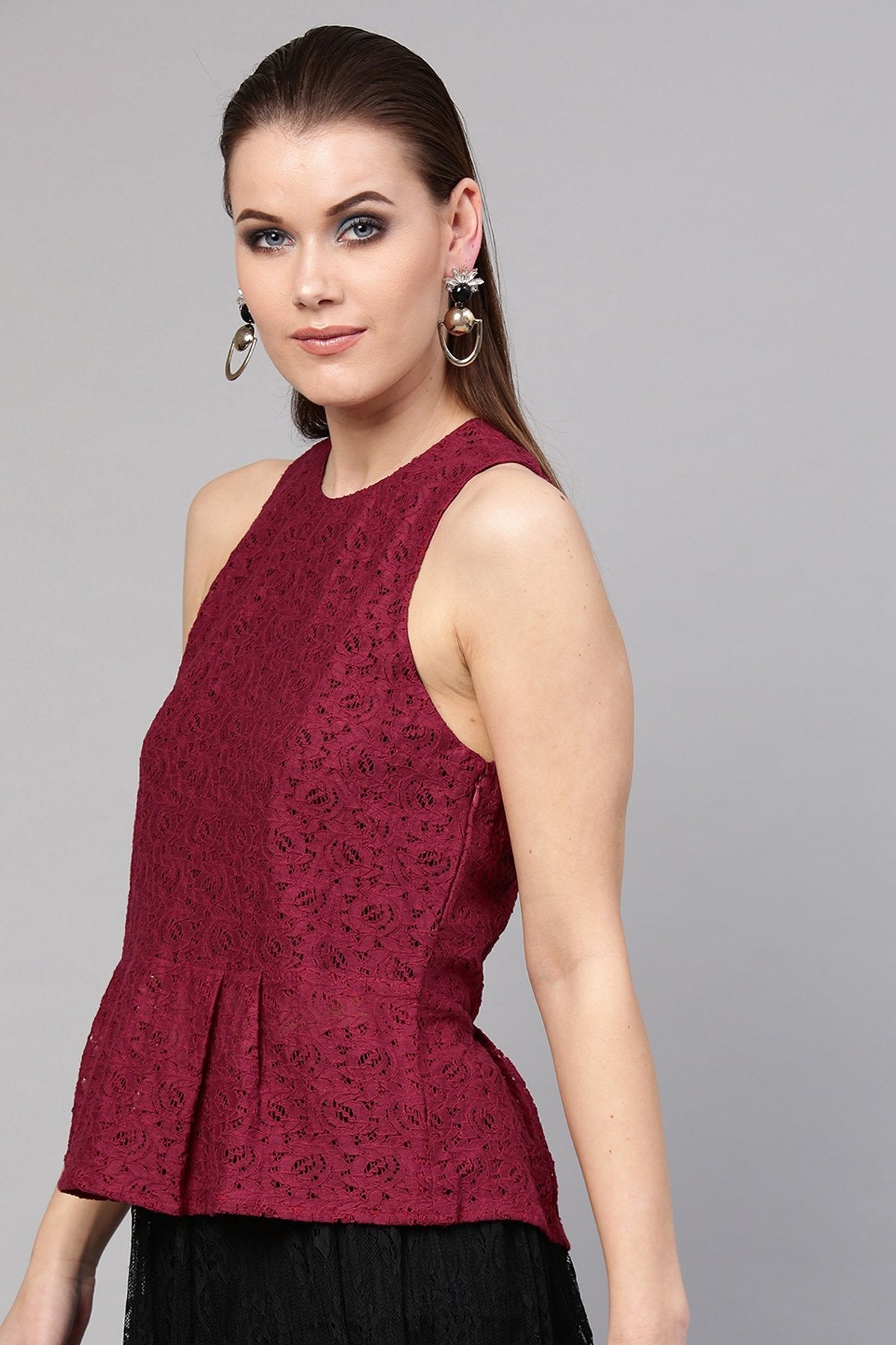 Women's Wine Lace Sleeveless Peplum Top - SASSAFRAS