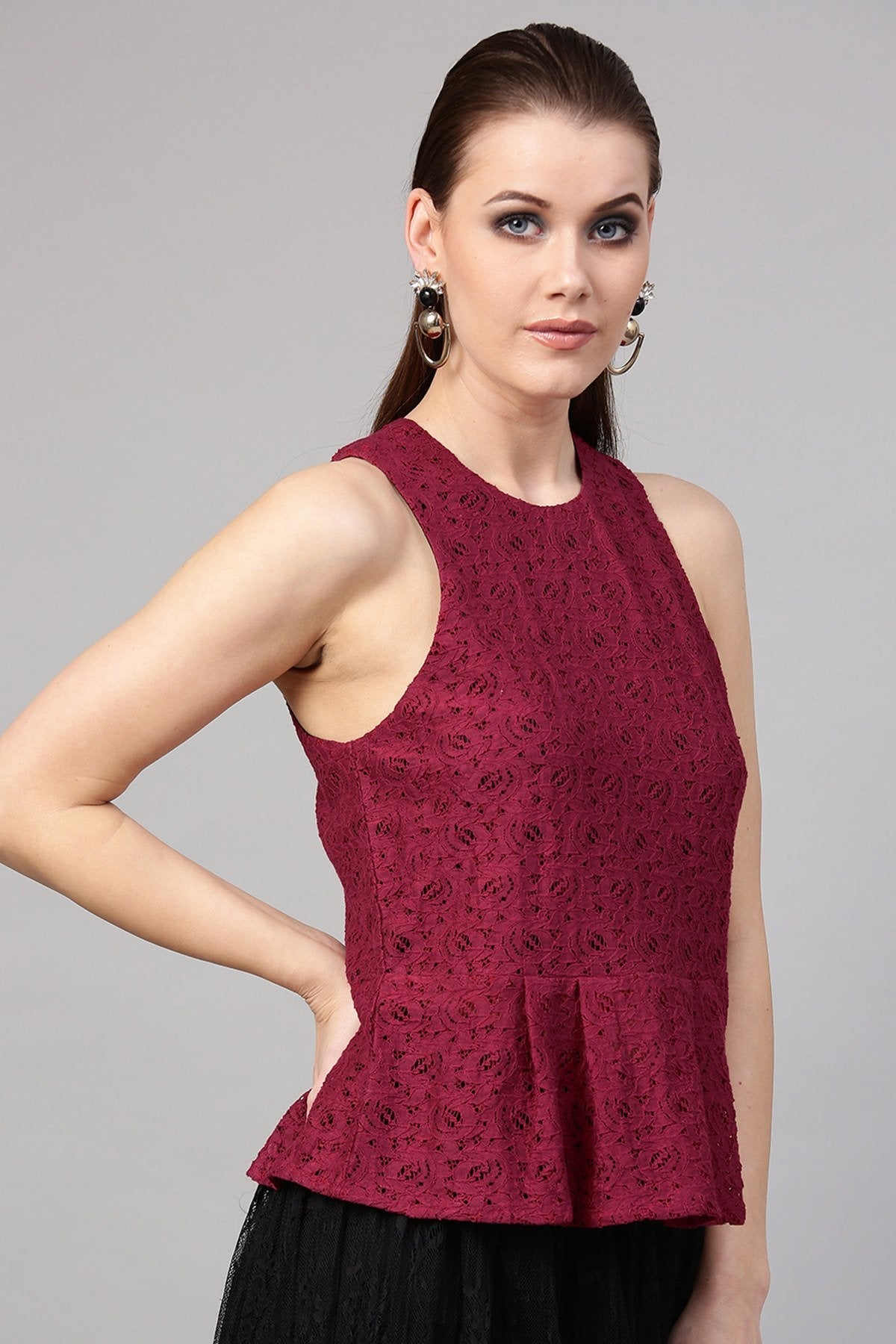 Women's Wine Lace Sleeveless Peplum Top - SASSAFRAS